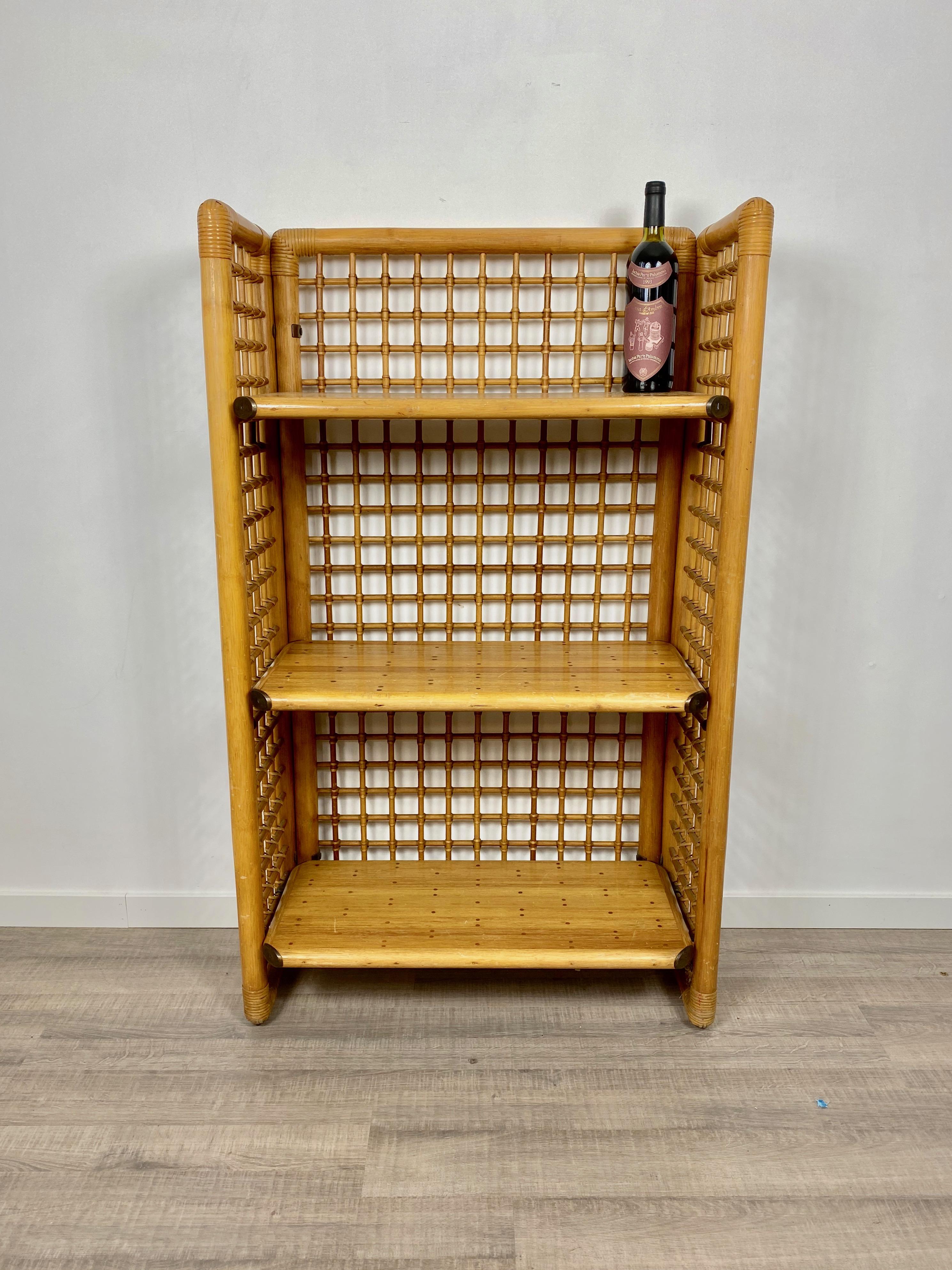 Rattan, Wood and Brass Etagere Bookcase Shelf, Italy, 1960s 8