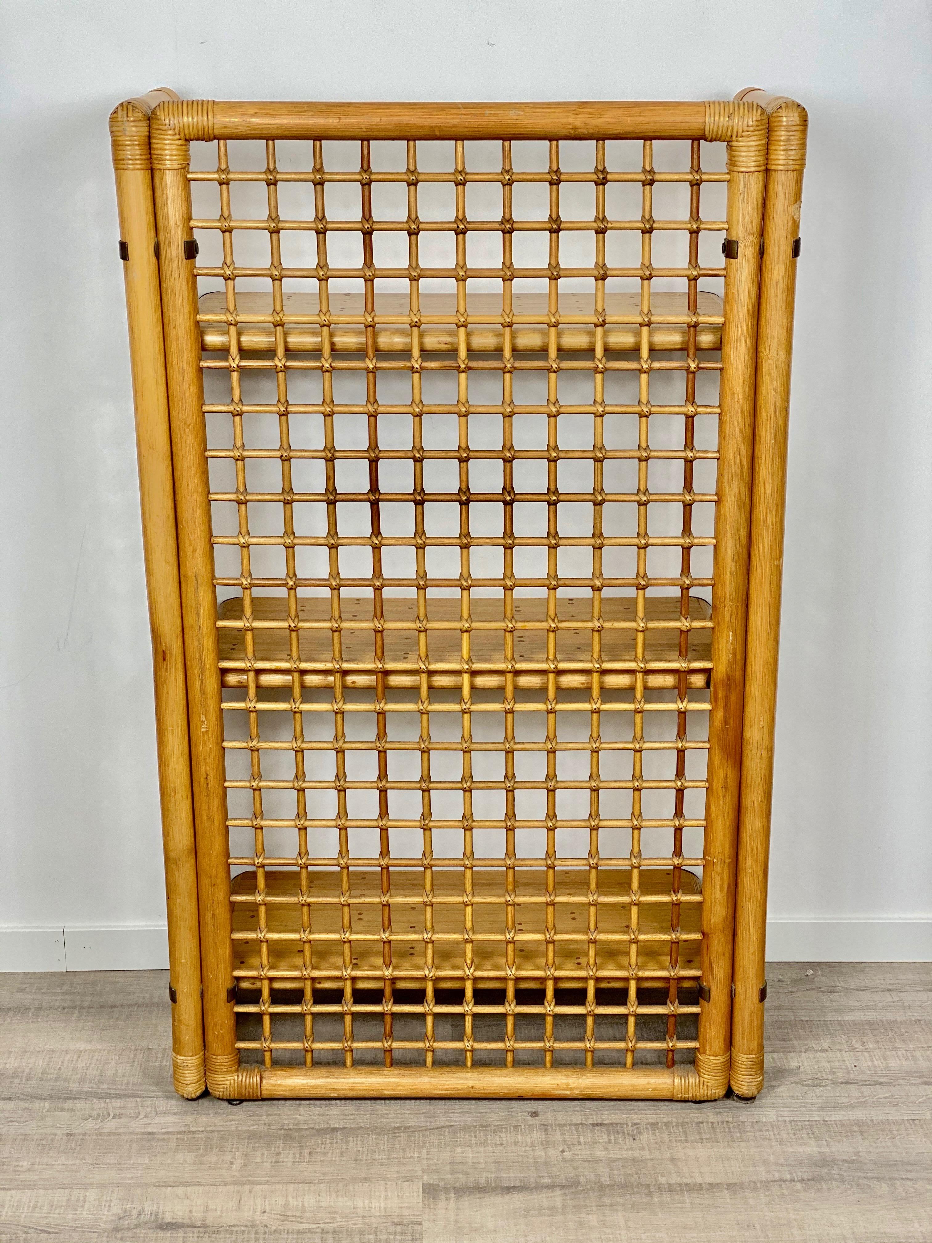 Rattan, Wood and Brass Etagere Bookcase Shelf, Italy, 1960s 9