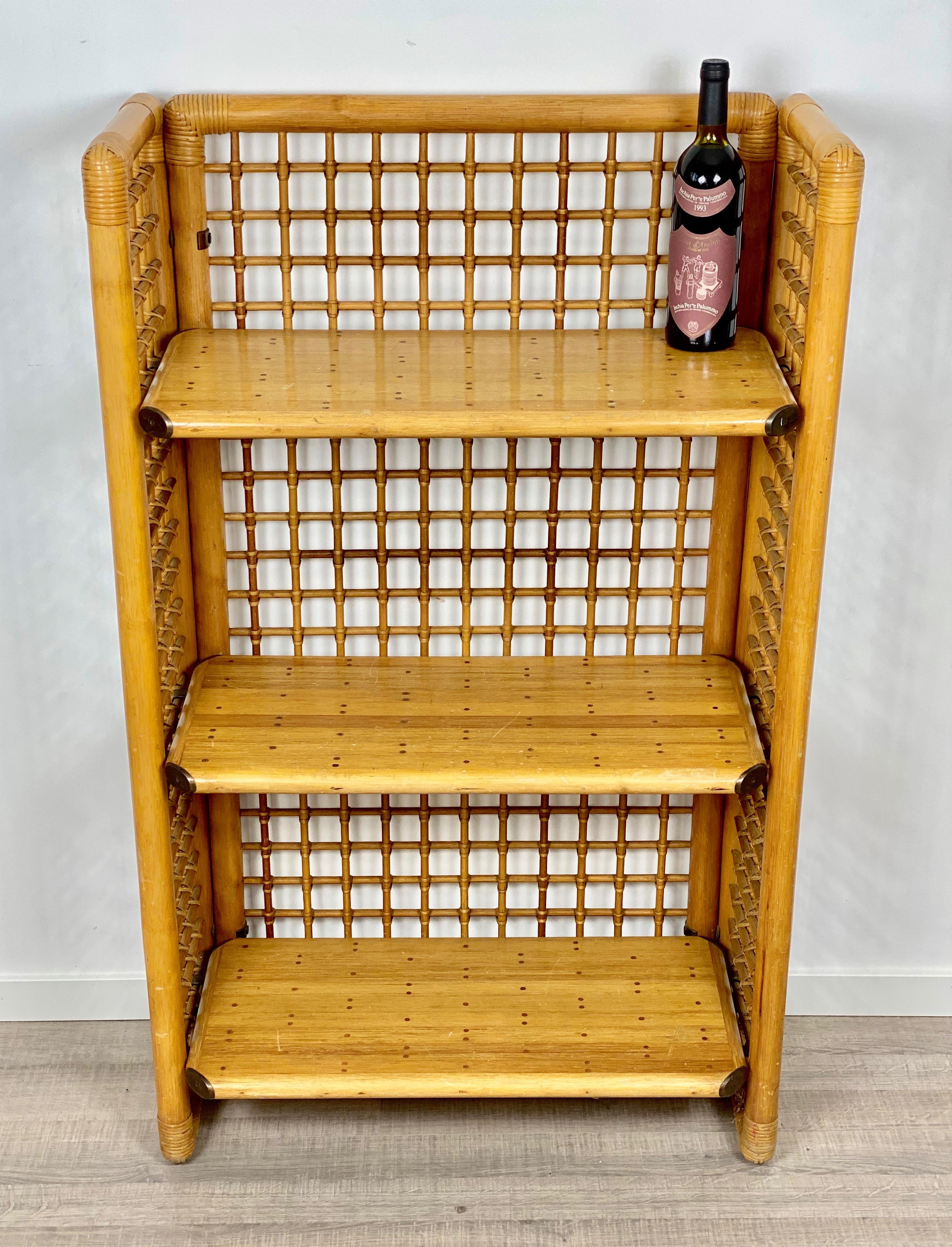 Mid-Century Modern Rattan, Wood and Brass Etagere Bookcase Shelf, Italy, 1960s