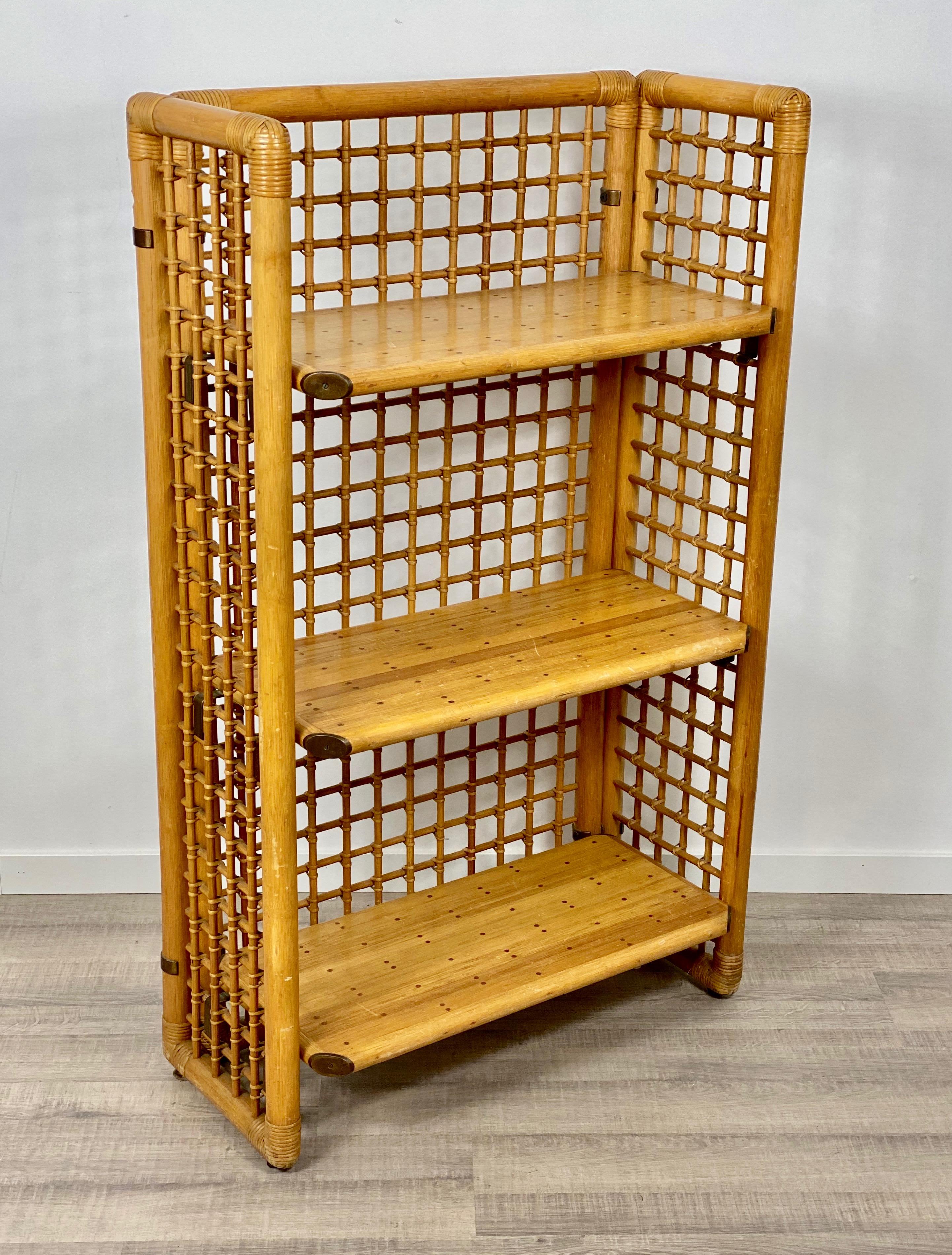 Italian Rattan, Wood and Brass Etagere Bookcase Shelf, Italy, 1960s