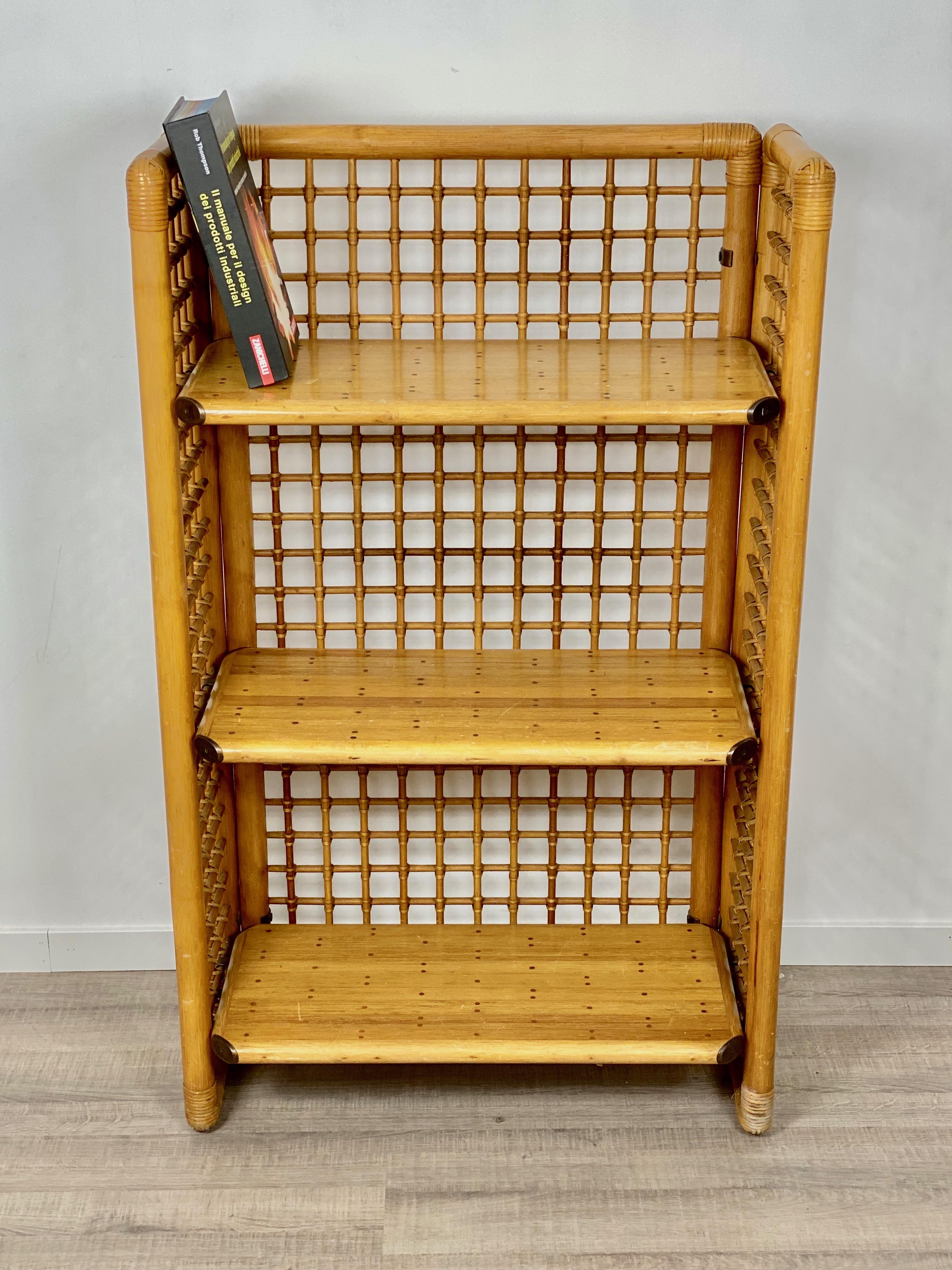 Rattan, Wood and Brass Etagere Bookcase Shelf, Italy, 1960s In Good Condition In Rome, IT