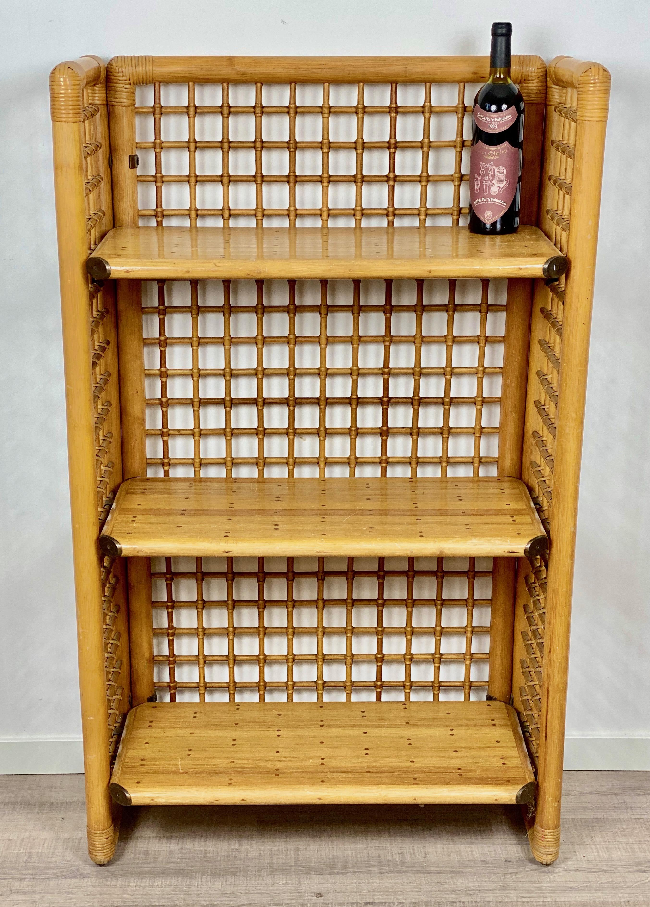 Mid-20th Century Rattan, Wood and Brass Etagere Bookcase Shelf, Italy, 1960s
