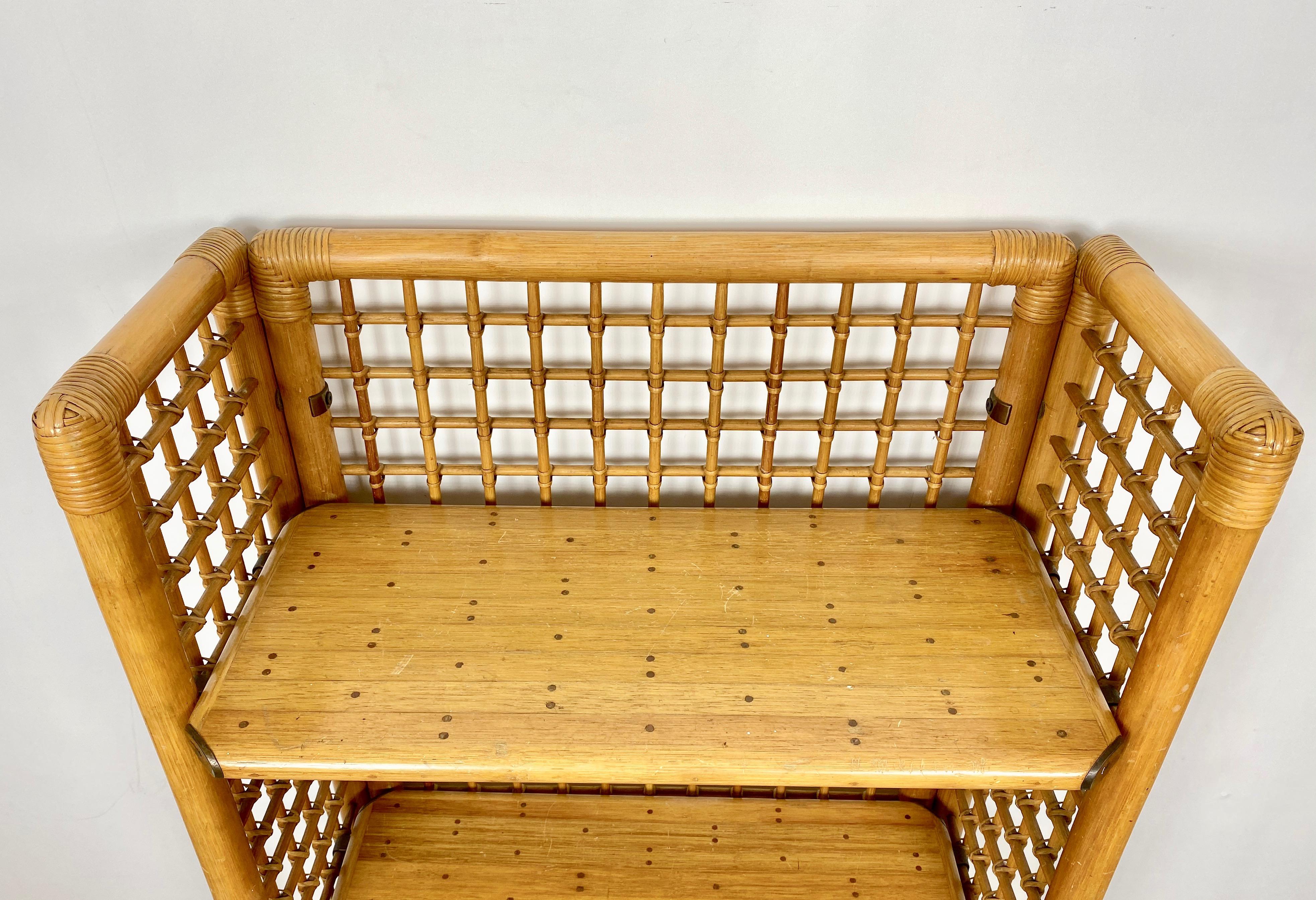 Rattan, Wood and Brass Etagere Bookcase Shelf, Italy, 1960s 1