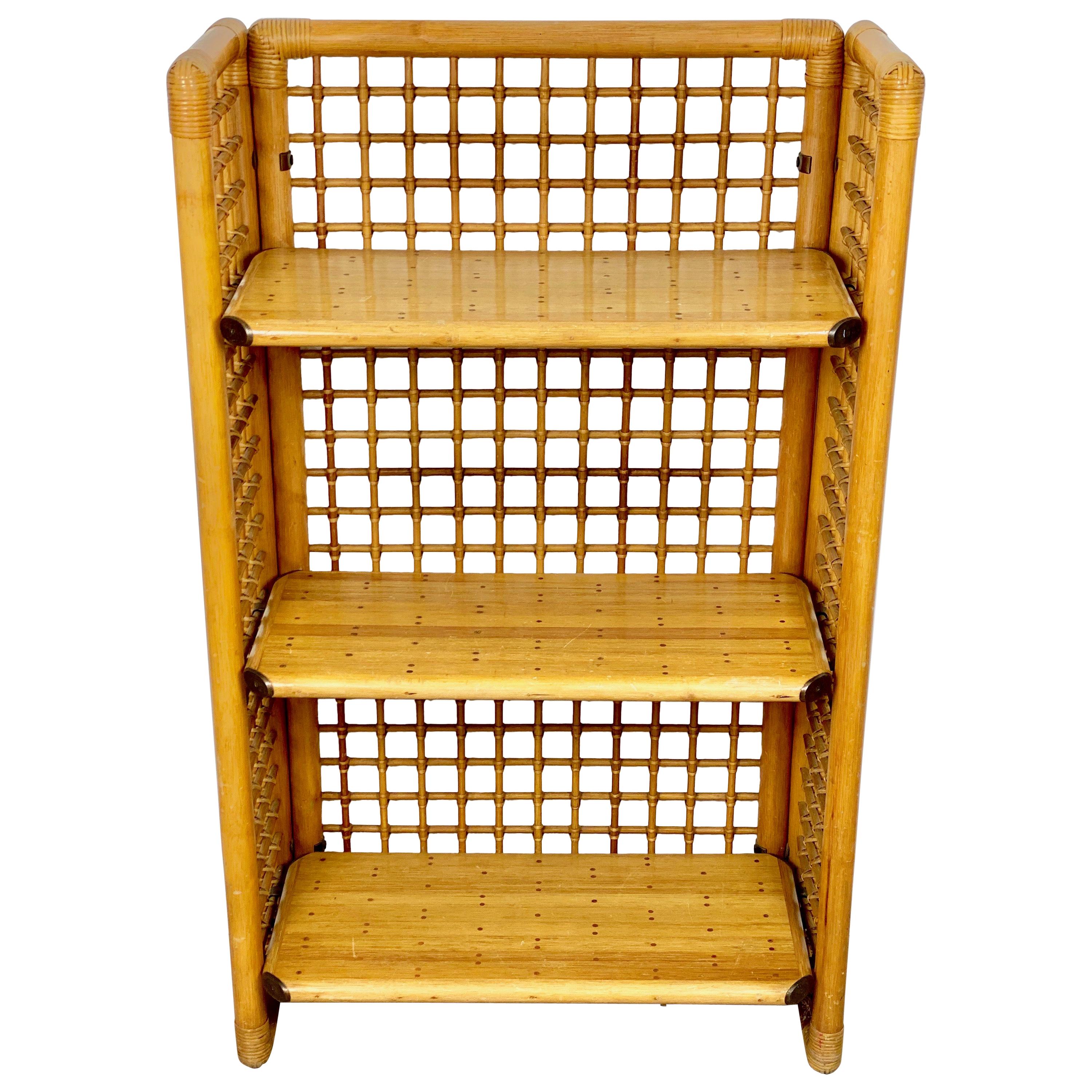 Rattan, Wood and Brass Etagere Bookcase Shelf, Italy, 1960s