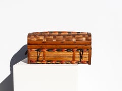 Caja decorativa de ratán, madera y paja - Fibras de colores trenzadas - Francia Años 70