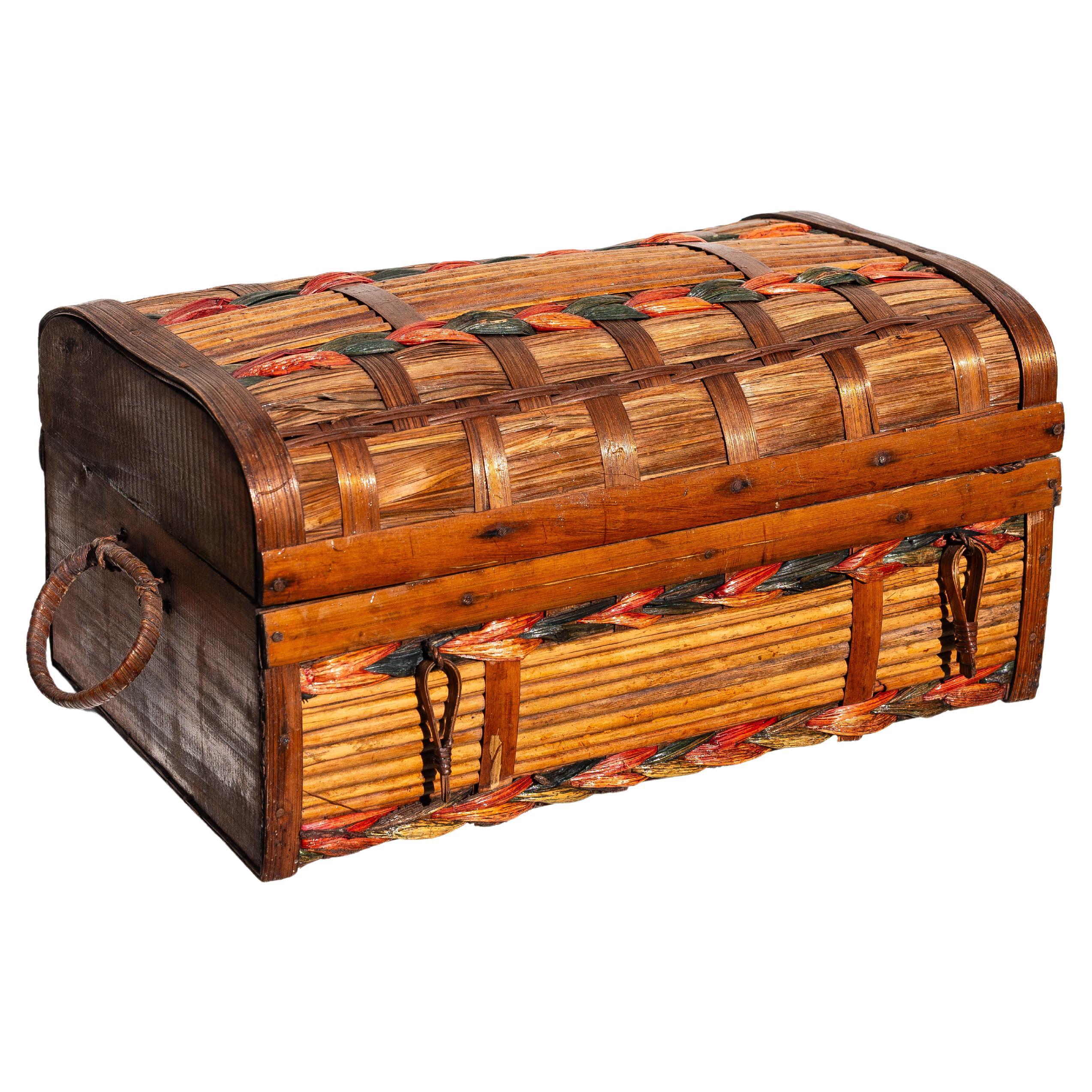 Rattan, Wood and Straw Decorative Box - Braided Colored Fibers - France 1970s