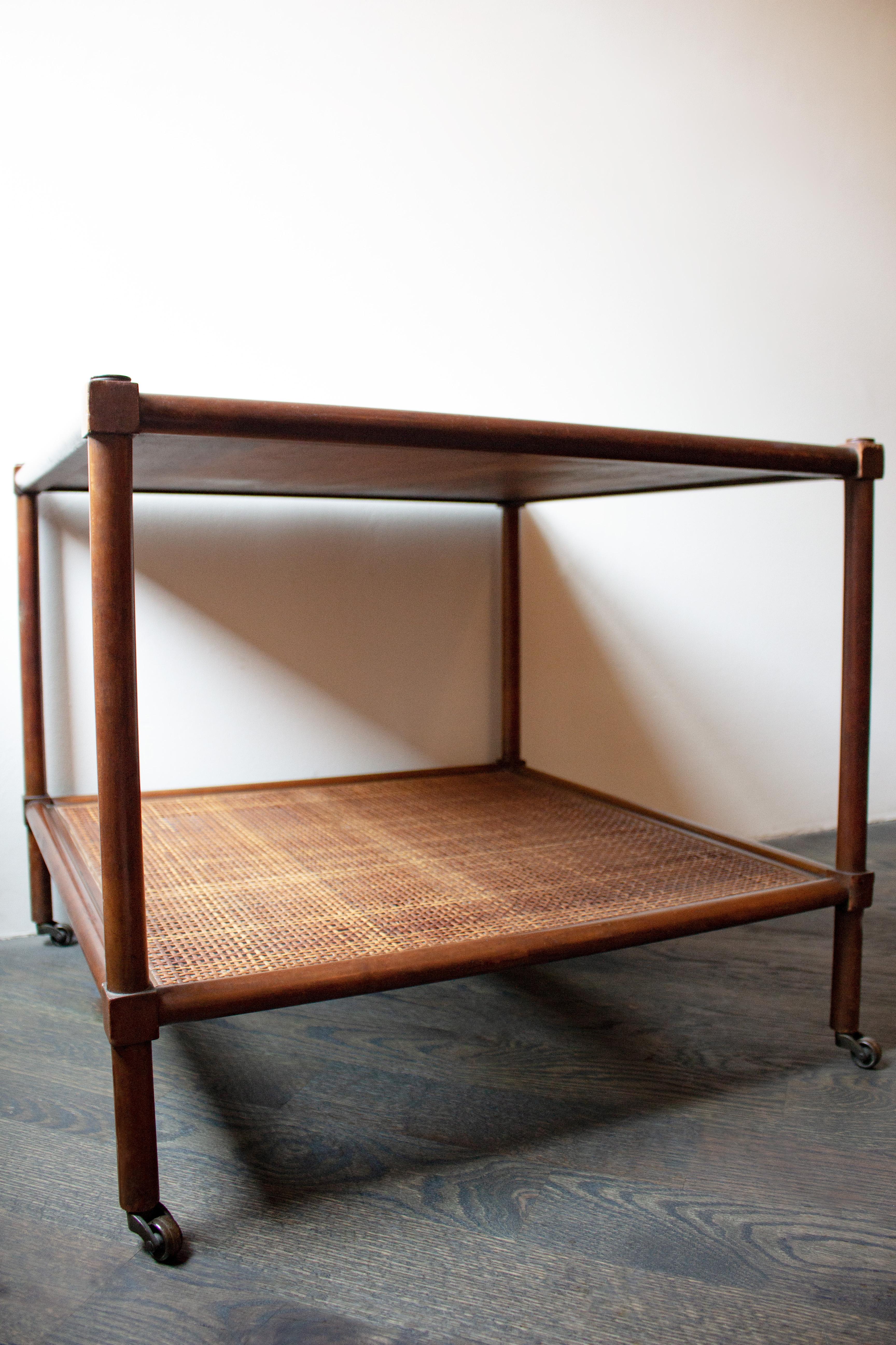 Scandinavian Modern Rattan & Wood Rolling Cart/Table For Sale