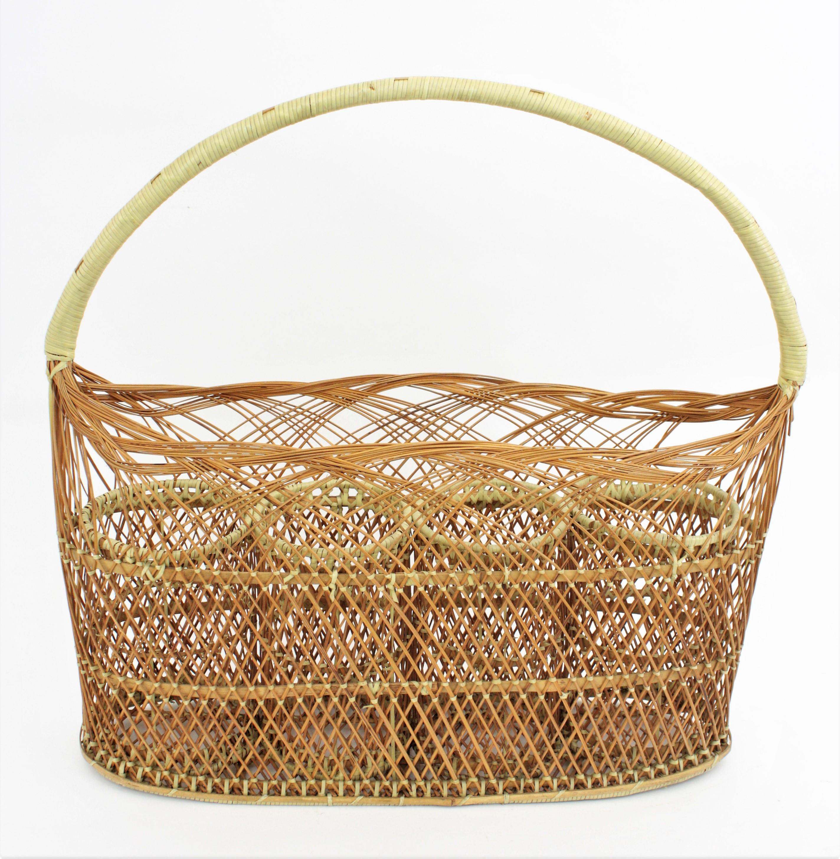 French Rattan Woven Bottle Rack Stand Carrier Basket, France, 1960s