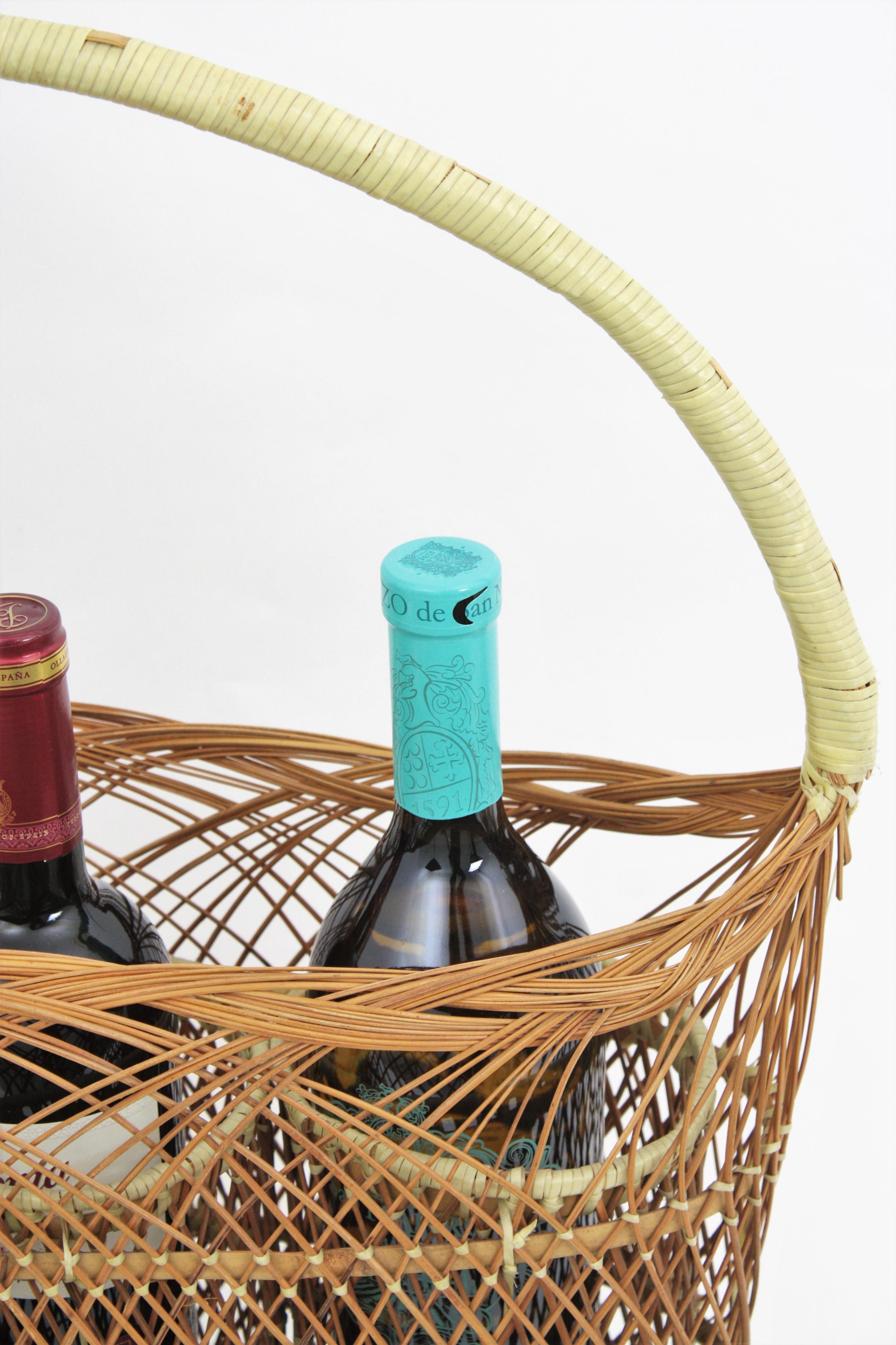 20th Century Rattan Woven Bottle Rack Stand Carrier Basket, France, 1960s