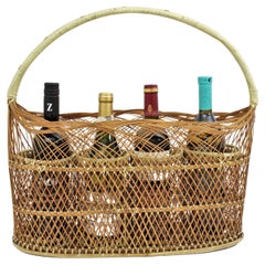 Vintage Rattan Woven Bottle Rack Stand Carrier Basket, France, 1960s