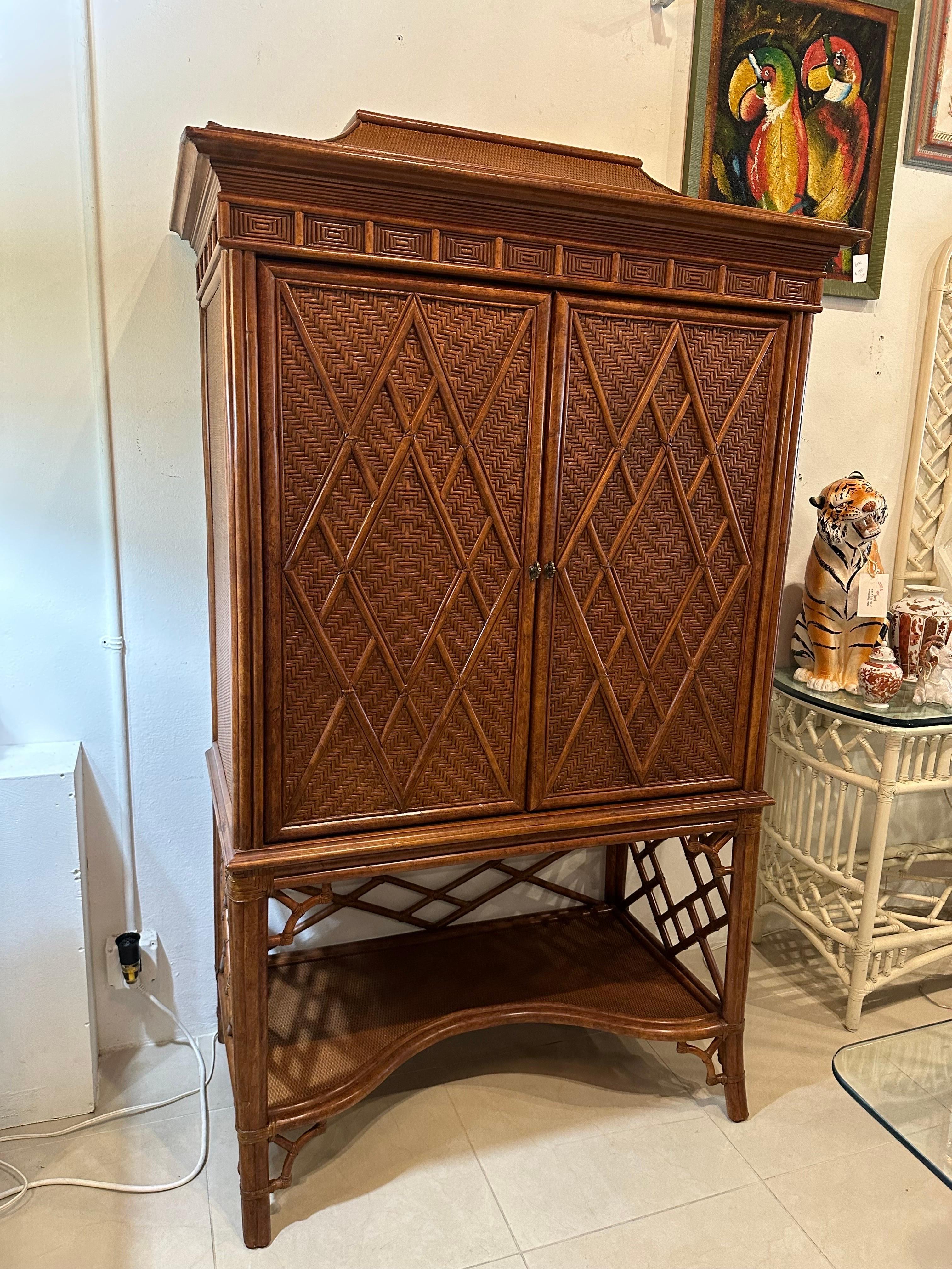 Rattan Woven Faux Bamboo Pagoda Bar Cabinet Armoire Chinese Chippendale  7