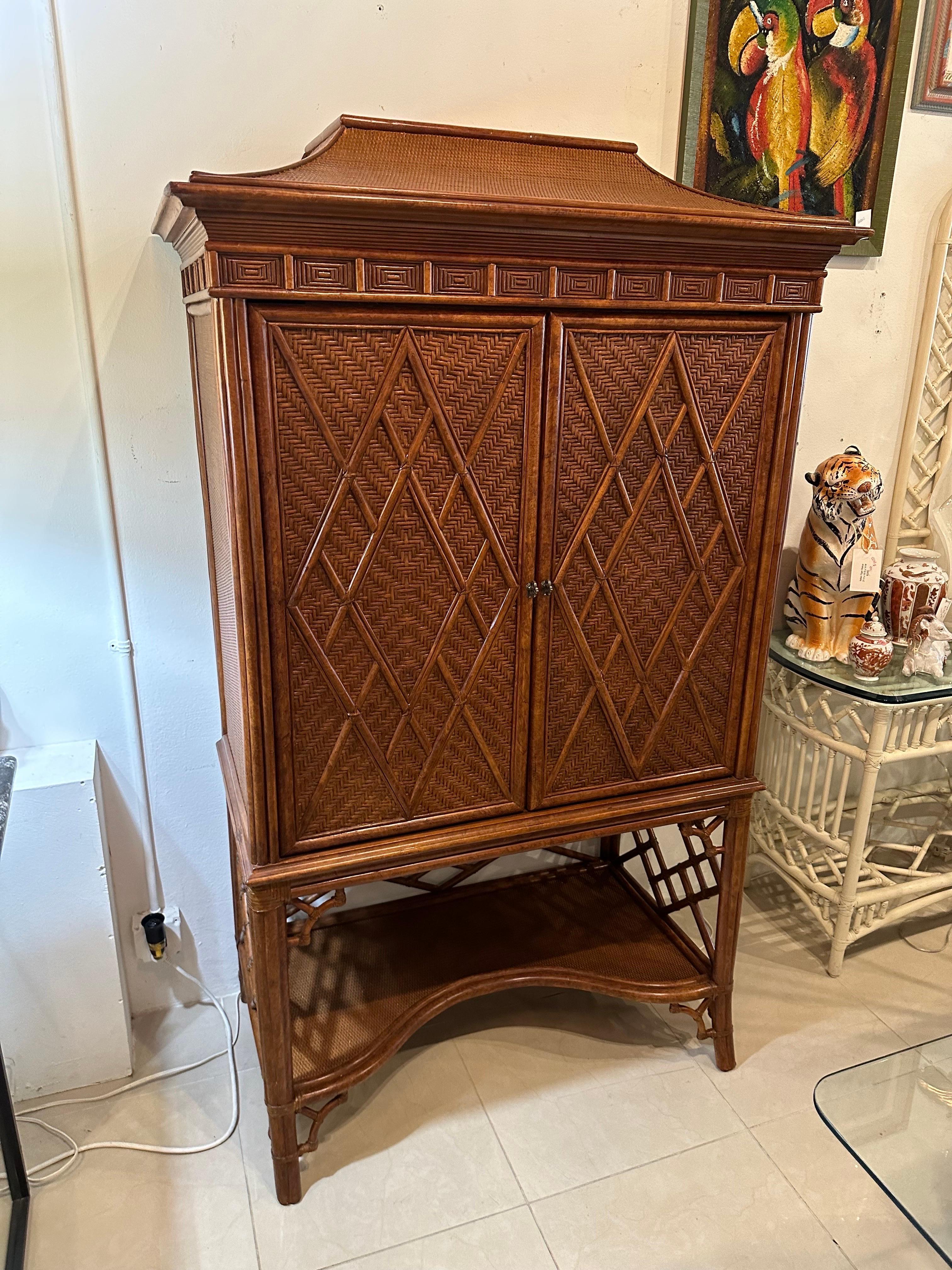 Rattan Woven Faux Bamboo Pagoda Bar Cabinet Armoire Chinese Chippendale  11