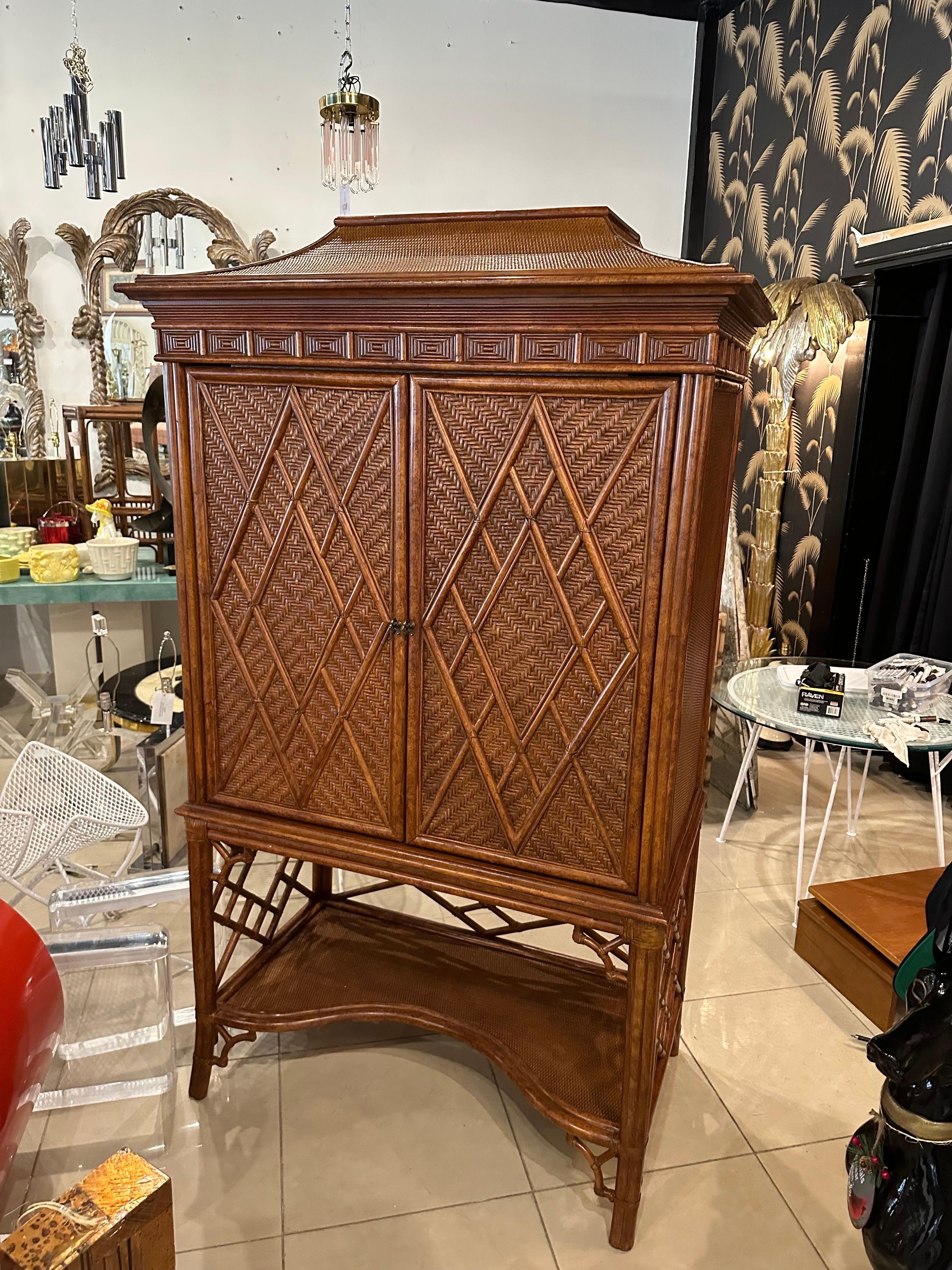 Late 20th Century Rattan Woven Faux Bamboo Pagoda Bar Cabinet Armoire Chinese Chippendale 