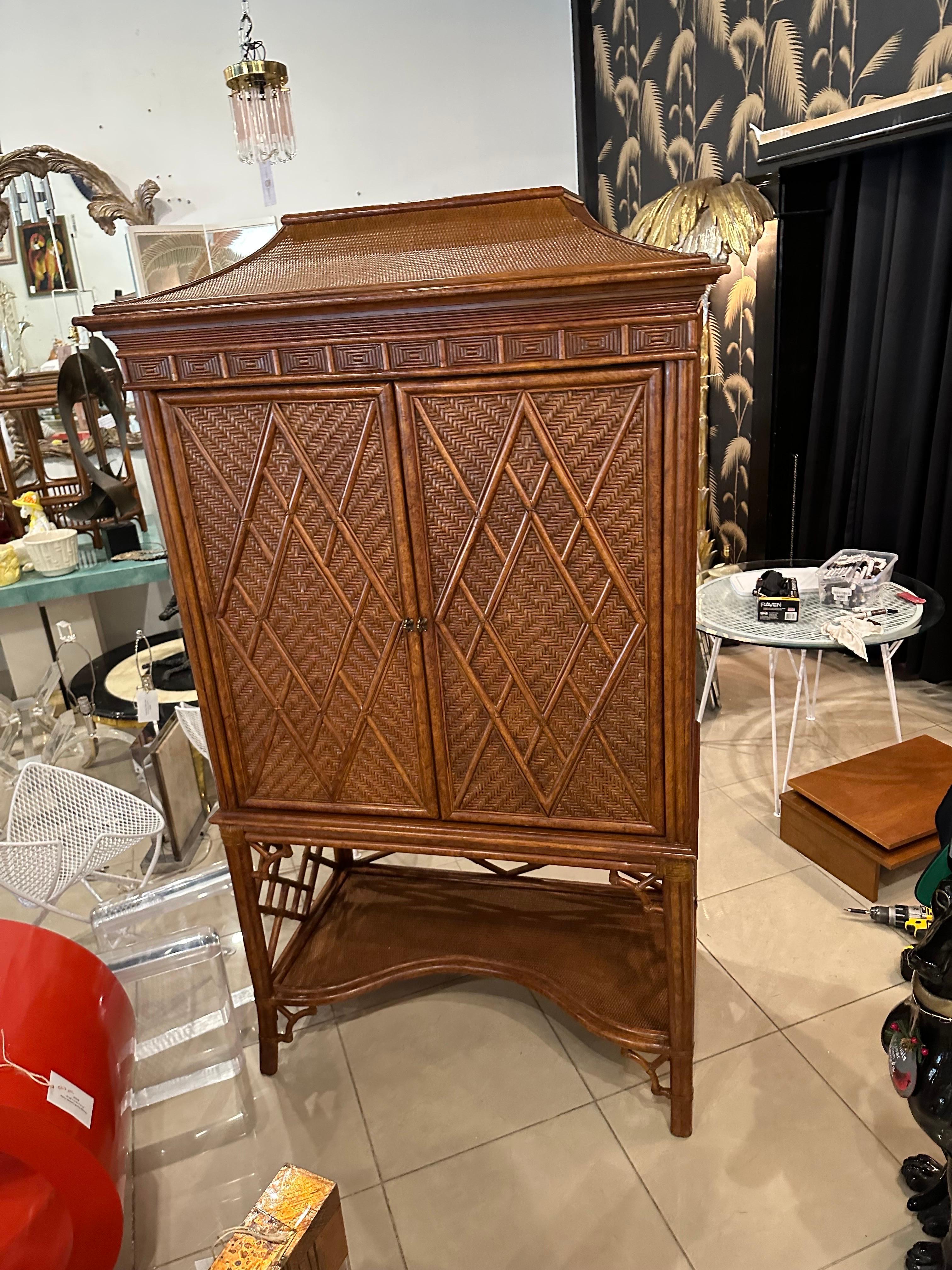 Rattan Woven Faux Bamboo Pagoda Bar Cabinet Armoire Chinese Chippendale 1