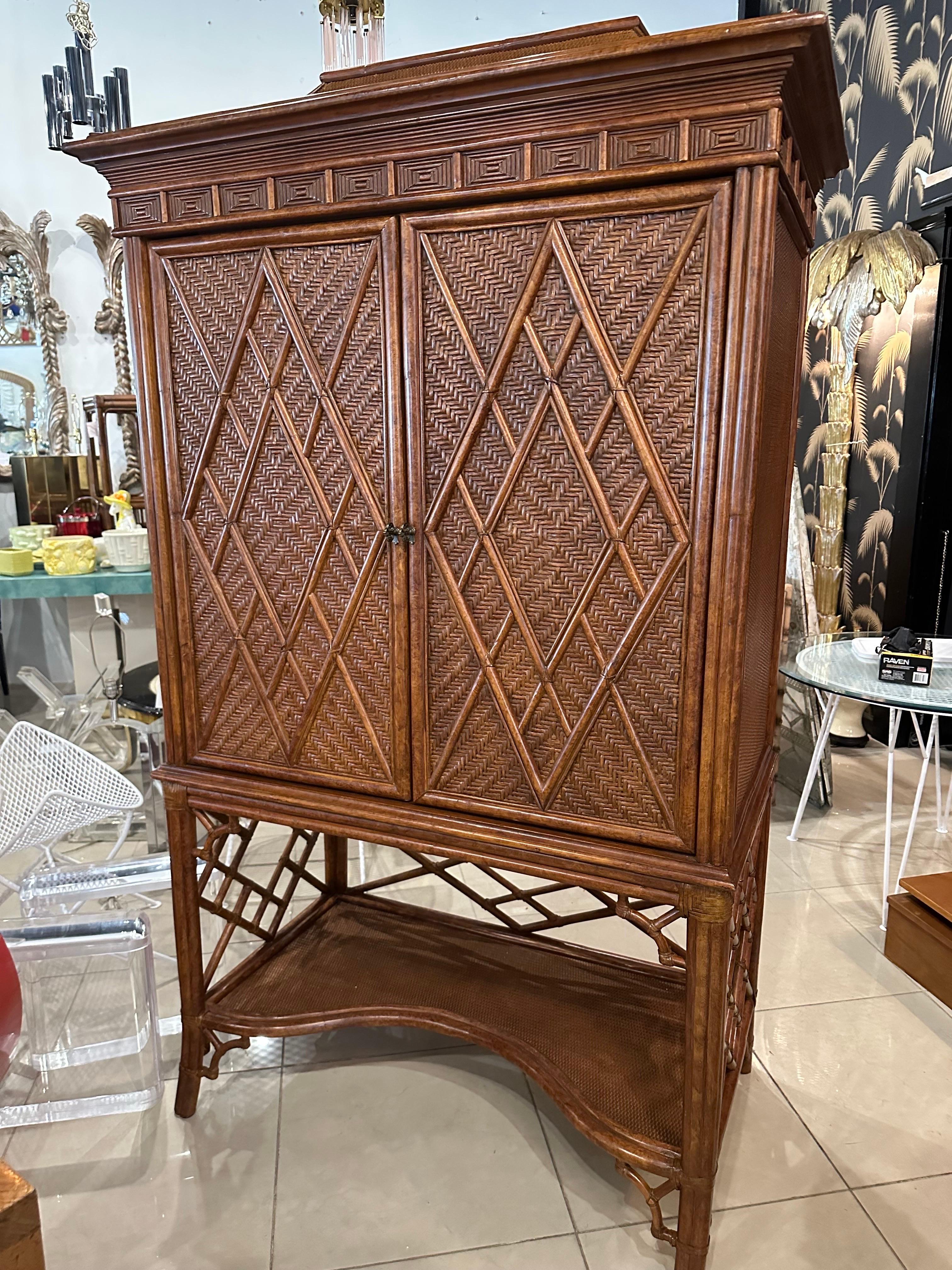 Rattan Woven Faux Bamboo Pagoda Bar Cabinet Armoire Chinese Chippendale  3