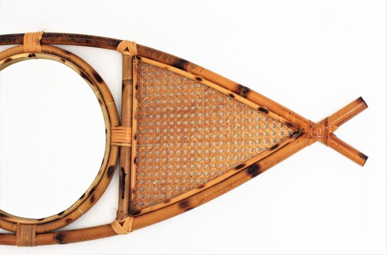 Rattan Woven Wicker Eye Shaped Wall Mirror, 1960s For Sale at 1stDibs