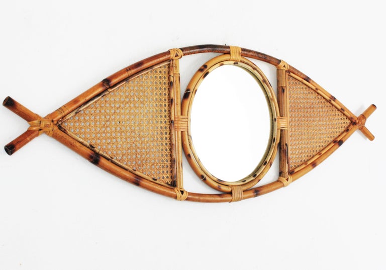 Rattan Woven Wicker Eye Shaped Wall Mirror, 1960s For Sale at 1stDibs