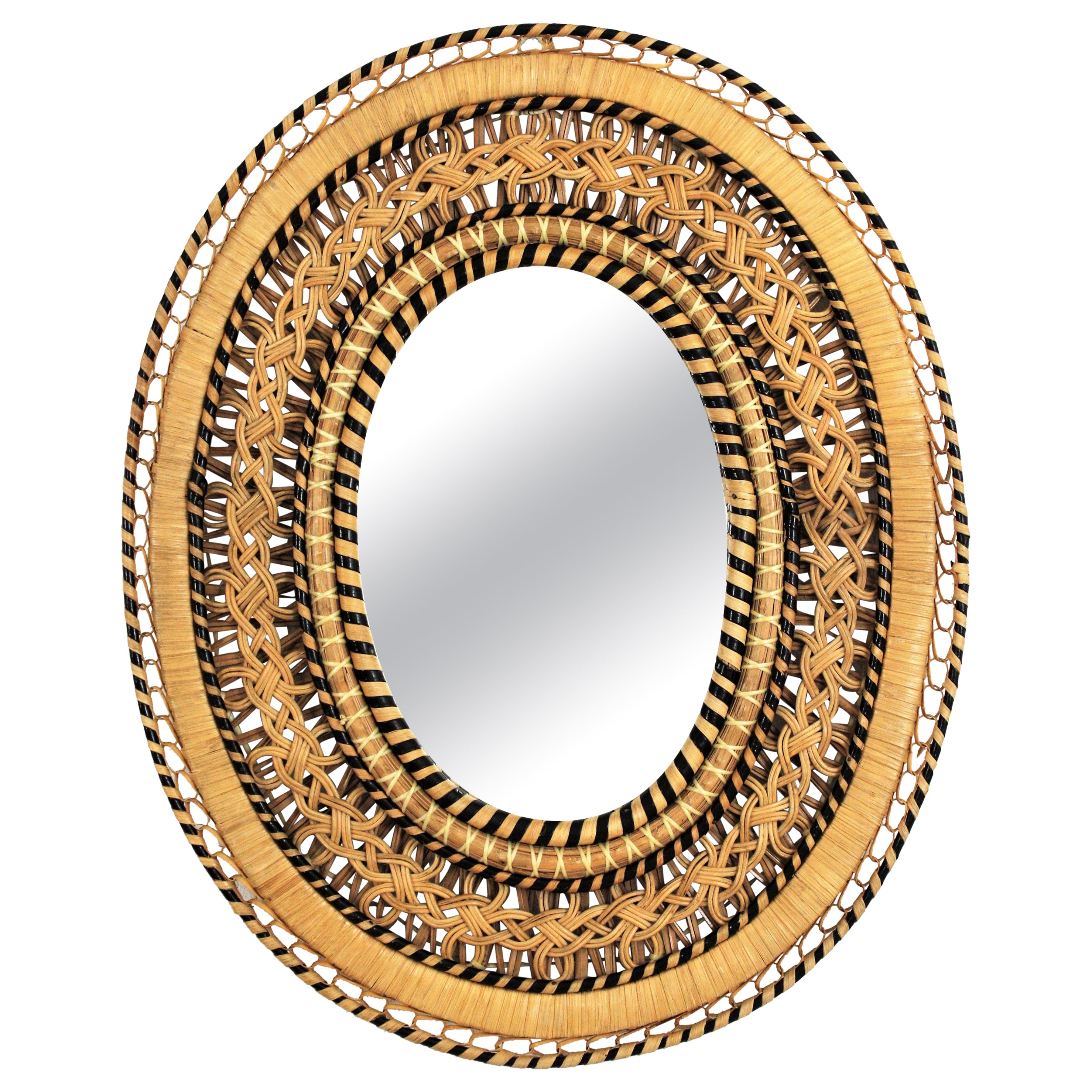 Miroir ovale en osier tressé rotin, 1970