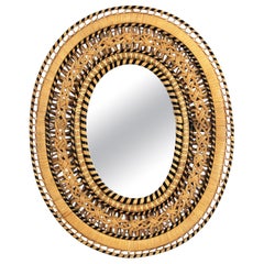 Rattan Woven Wicker Oval Mirror, 1970s