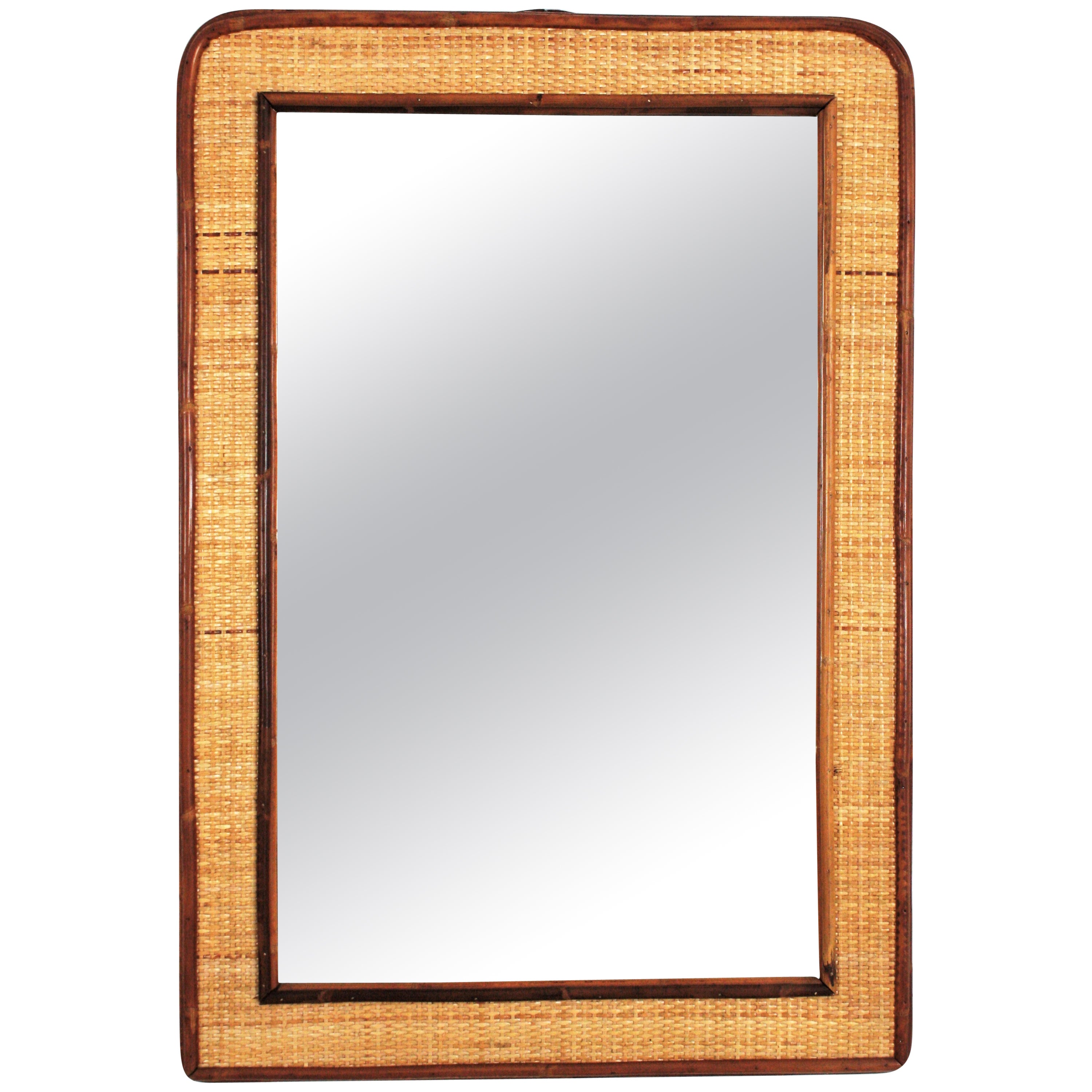 Espejo de pared costero rectangular de mimbre tejido de ratán