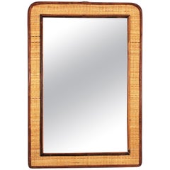 Espejo de pared costero rectangular de mimbre tejido de ratán
