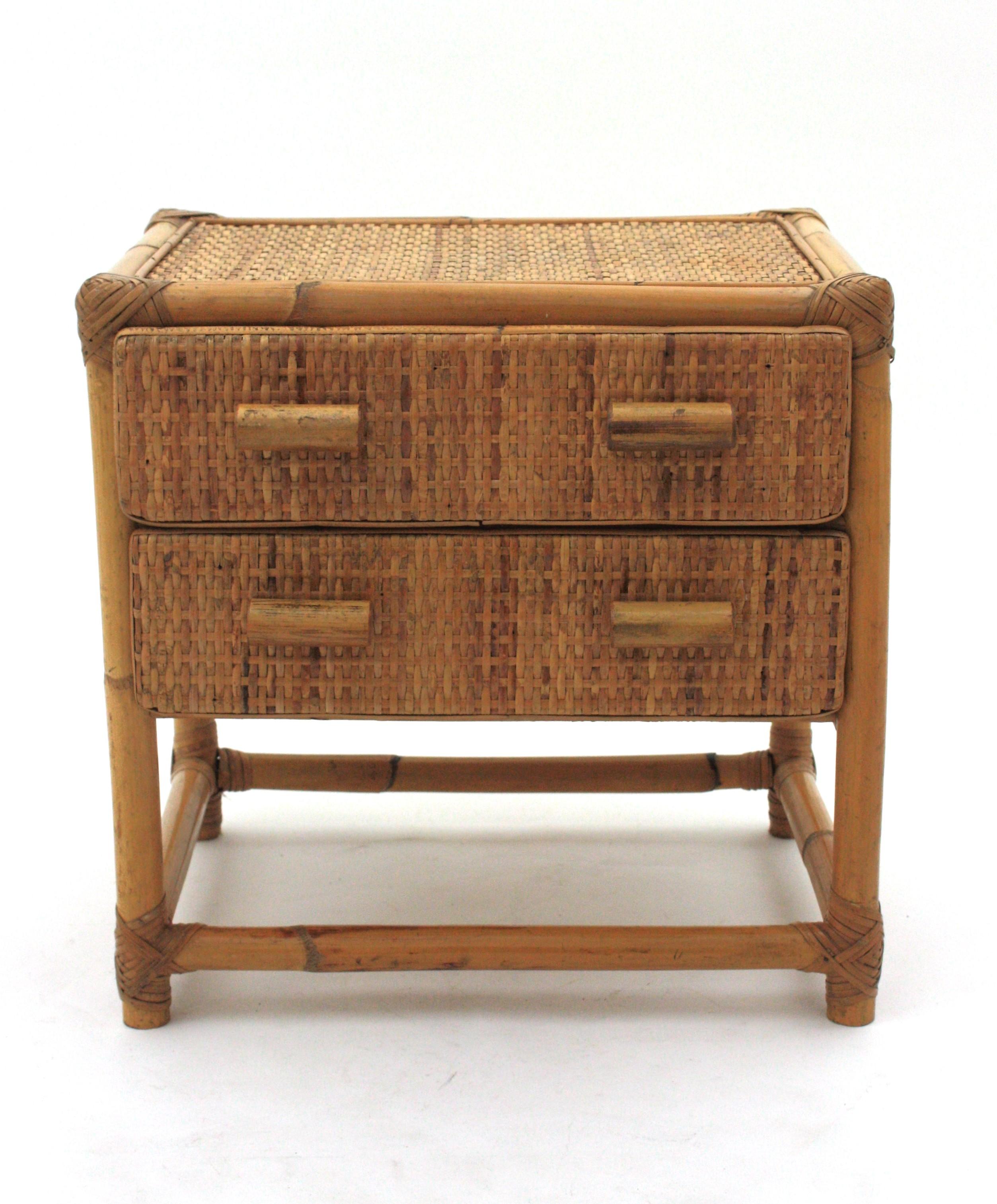 French Rattan Woven Wicker Side Table / Night Stand, 1960s For Sale