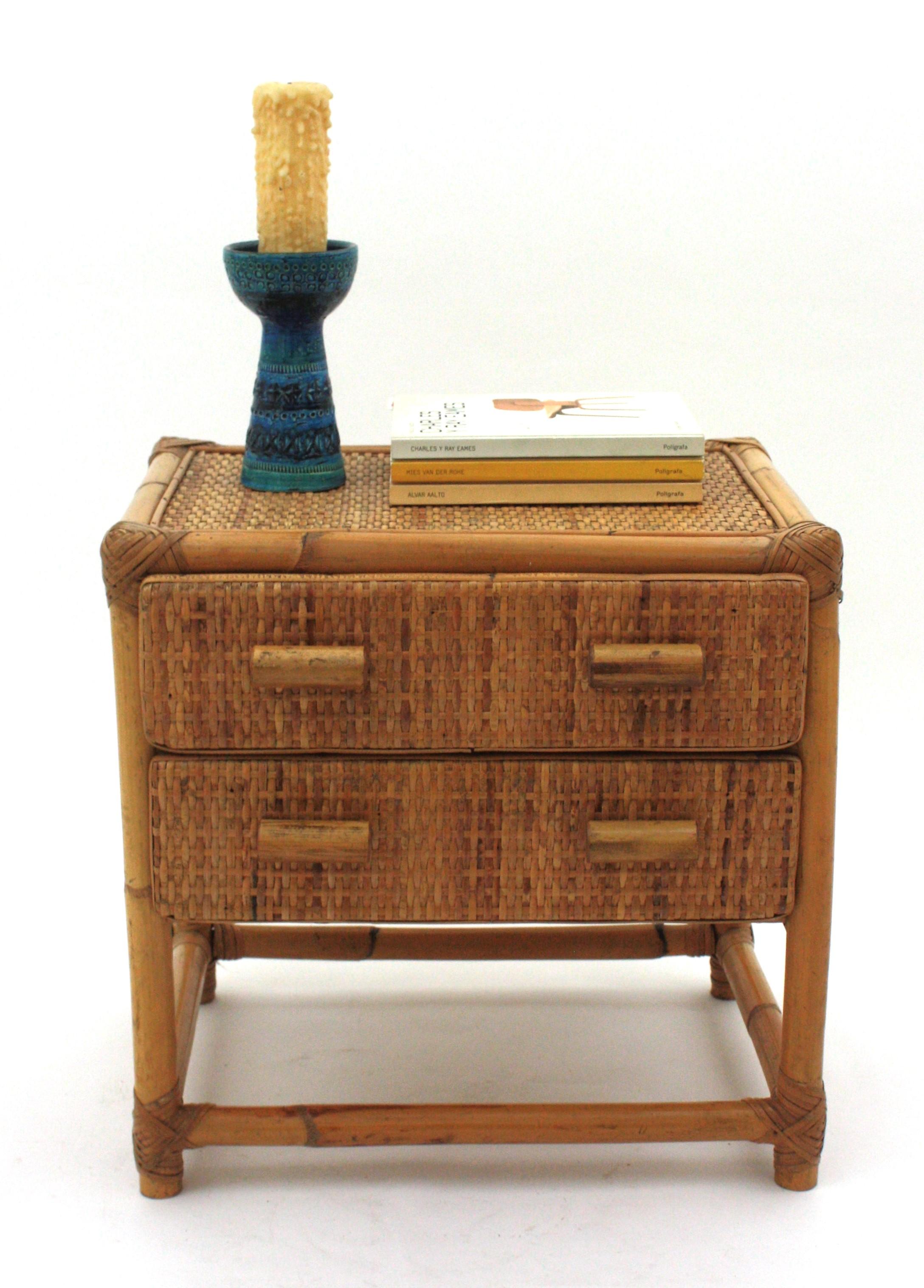 Hand-Crafted Rattan Woven Wicker Side Table / Night Stand, 1960s For Sale