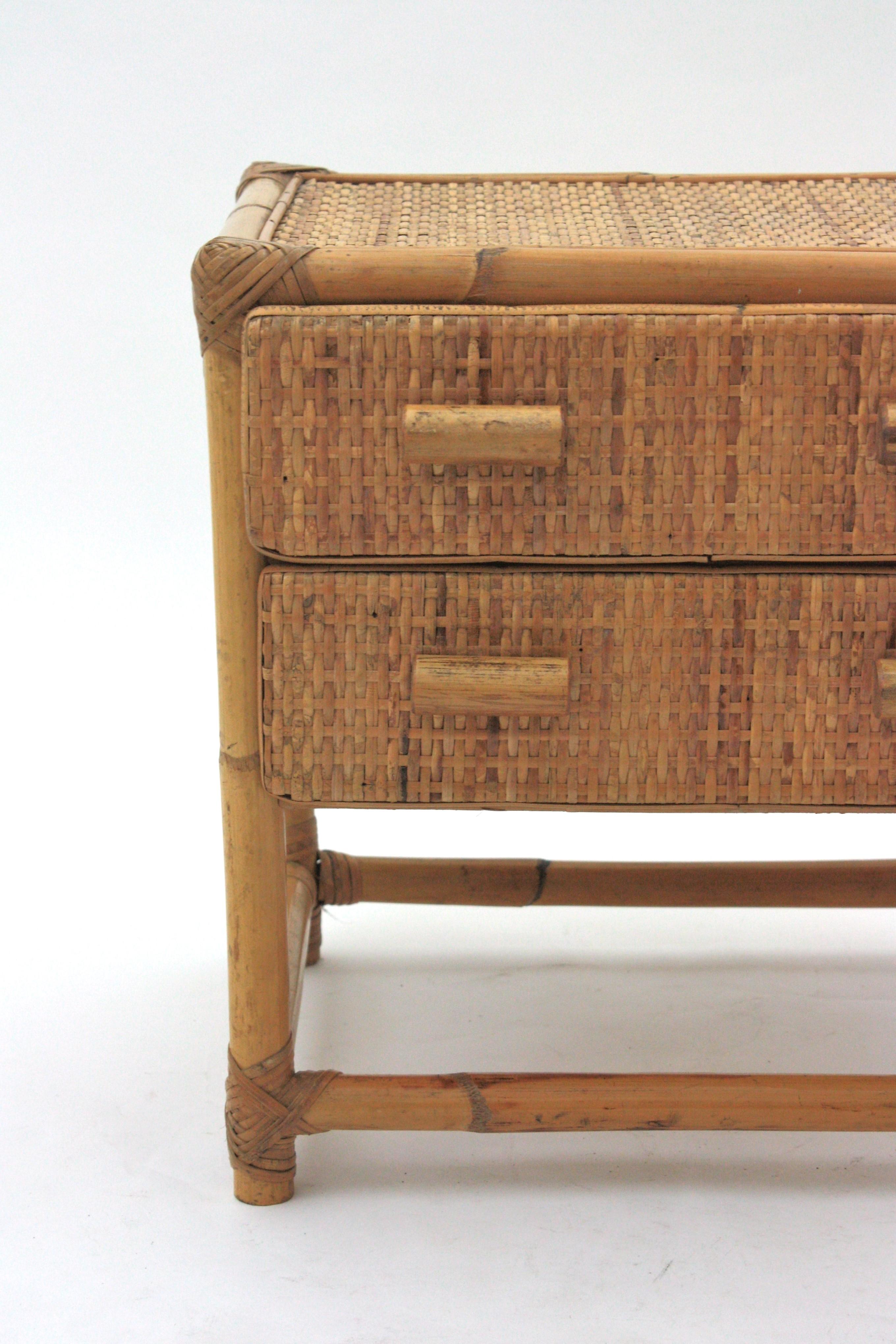 20th Century Rattan Woven Wicker Side Table / Night Stand, 1960s For Sale