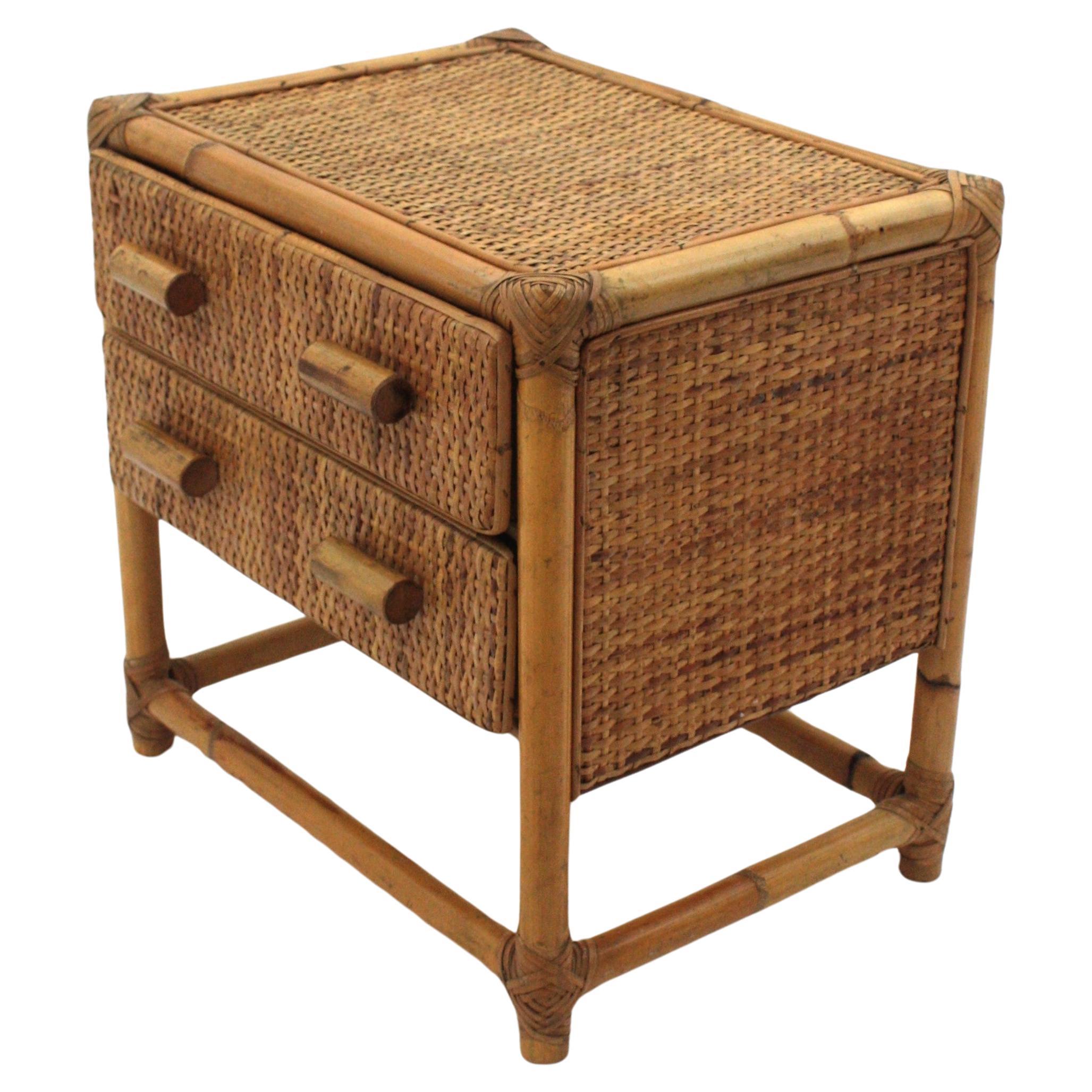 Rattan Woven Wicker Side Table / Night Stand, 1960s For Sale