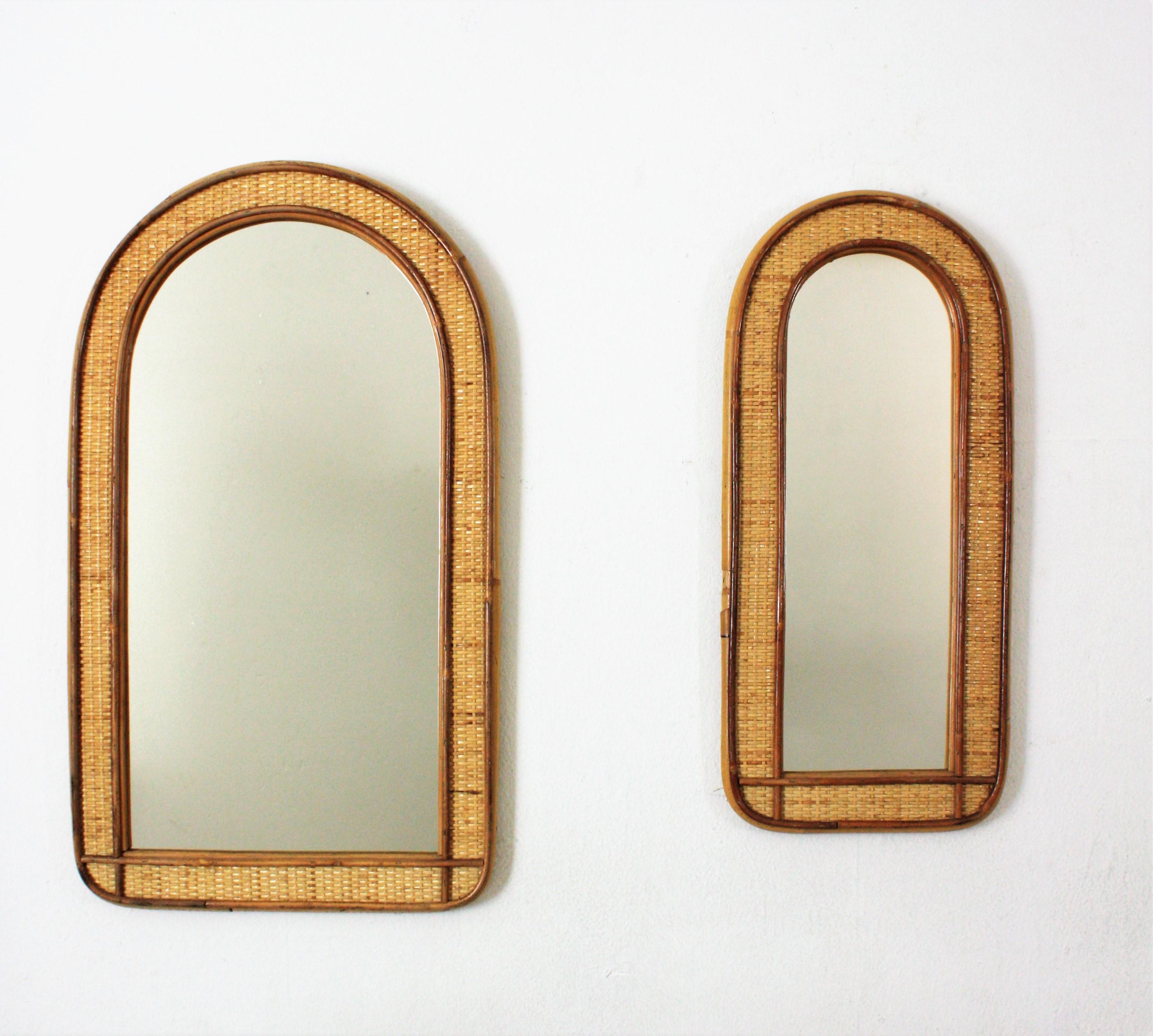 20th Century Rattan Woven Wicker Wall Mirror with Arched Top For Sale