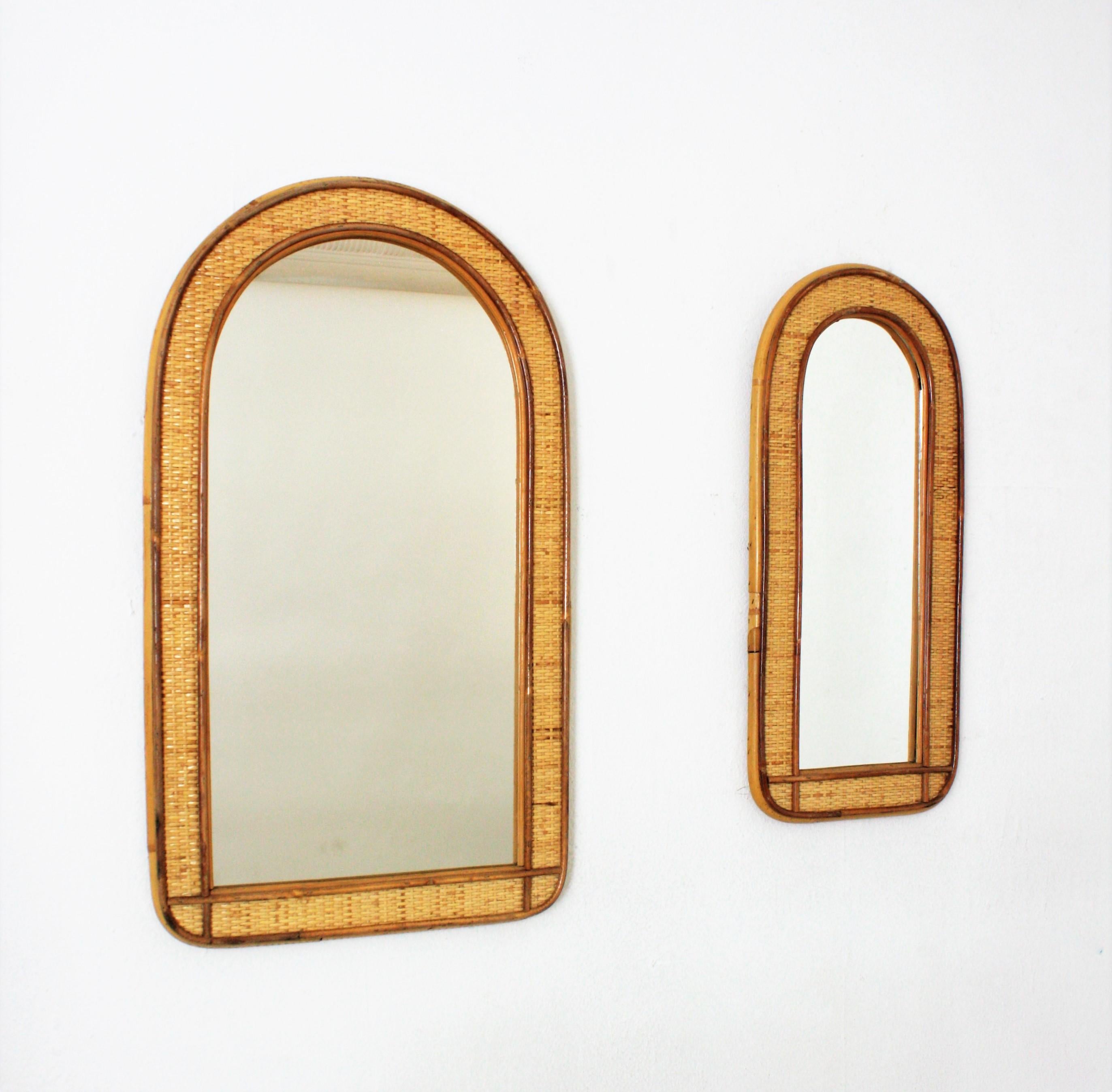 Rattan Woven Wicker Wall Mirror with Arched Top For Sale 2