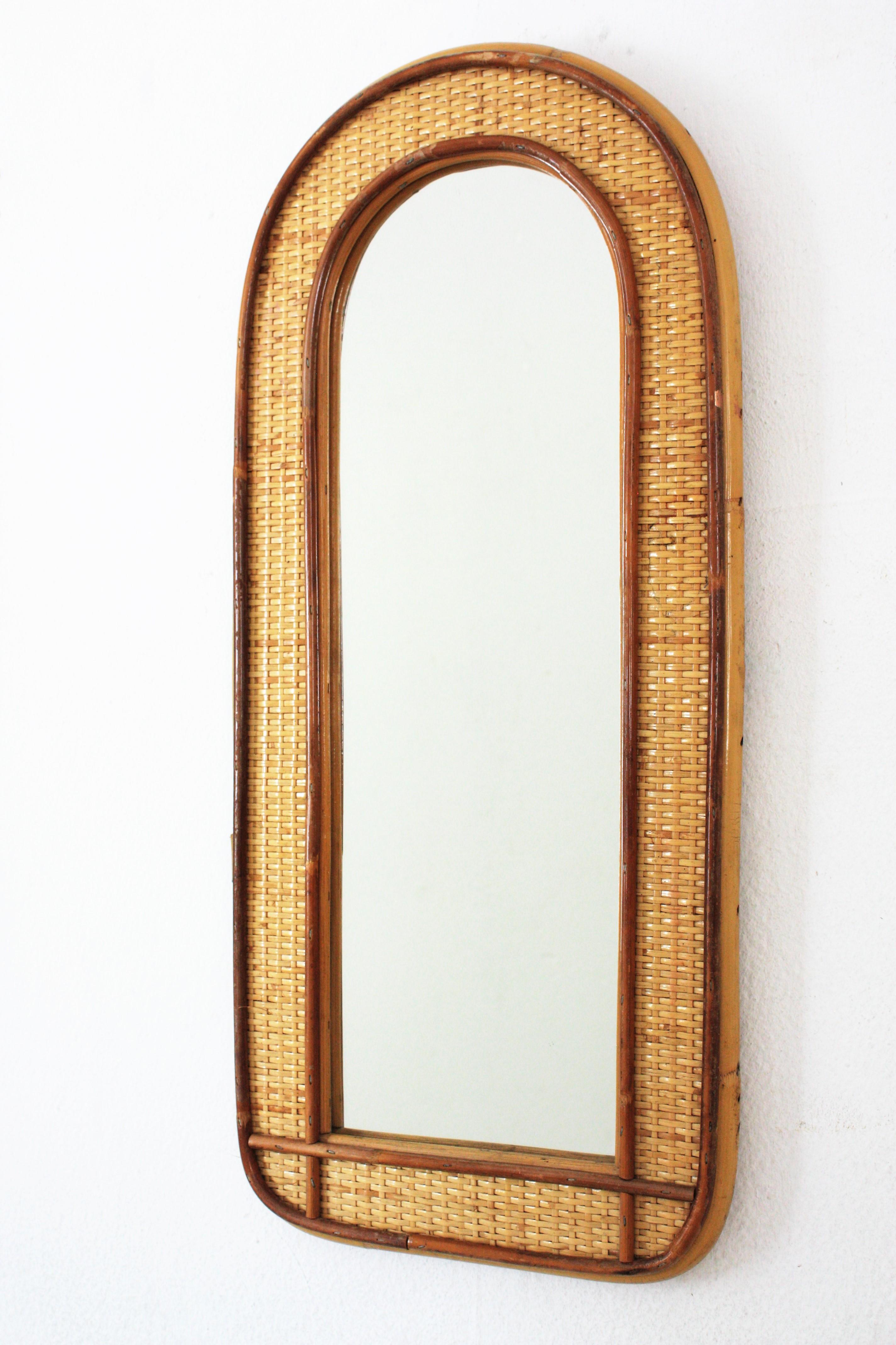Italian Rattan Woven Wicker Wall Mirror with Arched Top For Sale