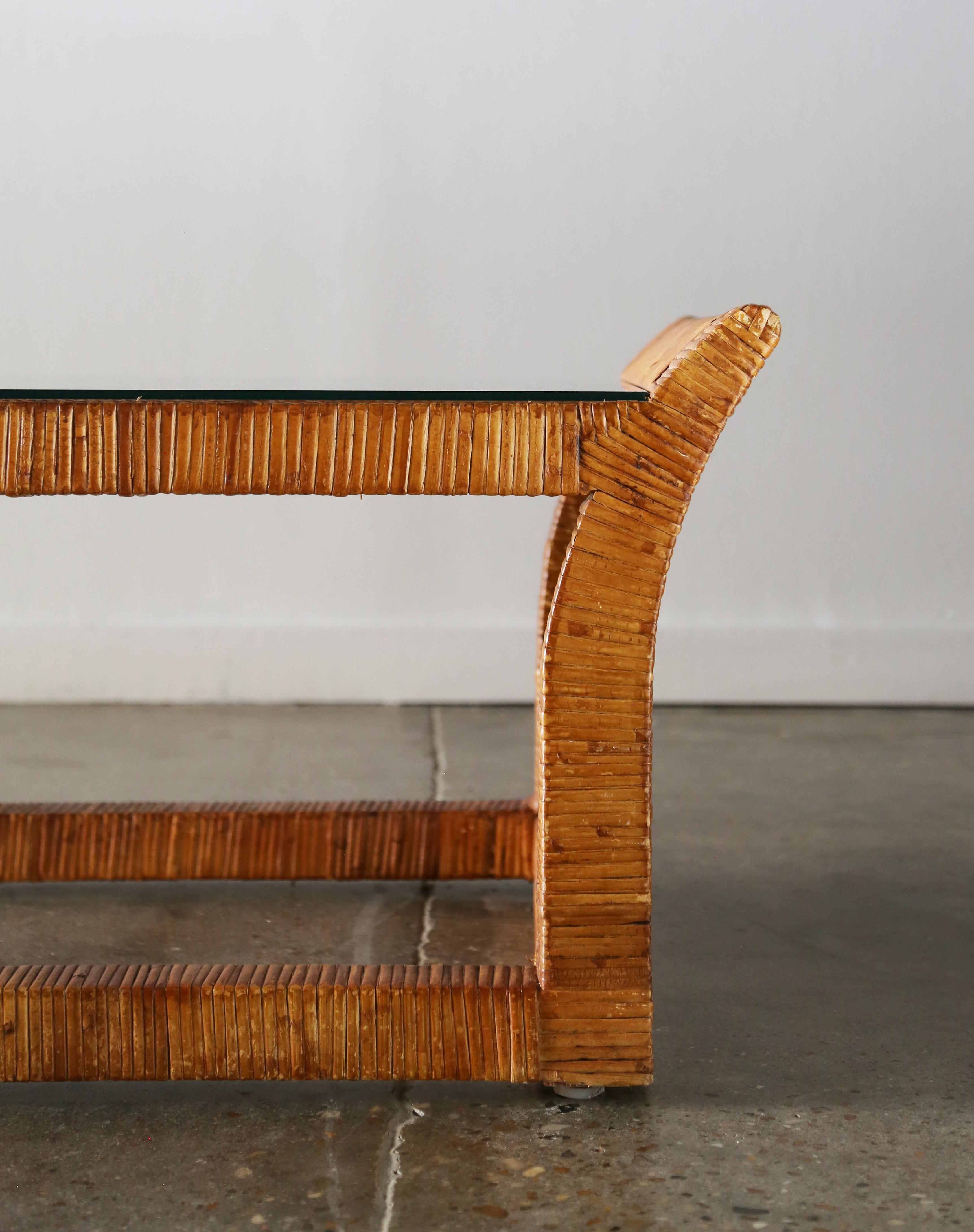 Mid-Century Modern Rattan Wrapped Glass Coffee after Danny Ho Fong Regency Boho For Sale