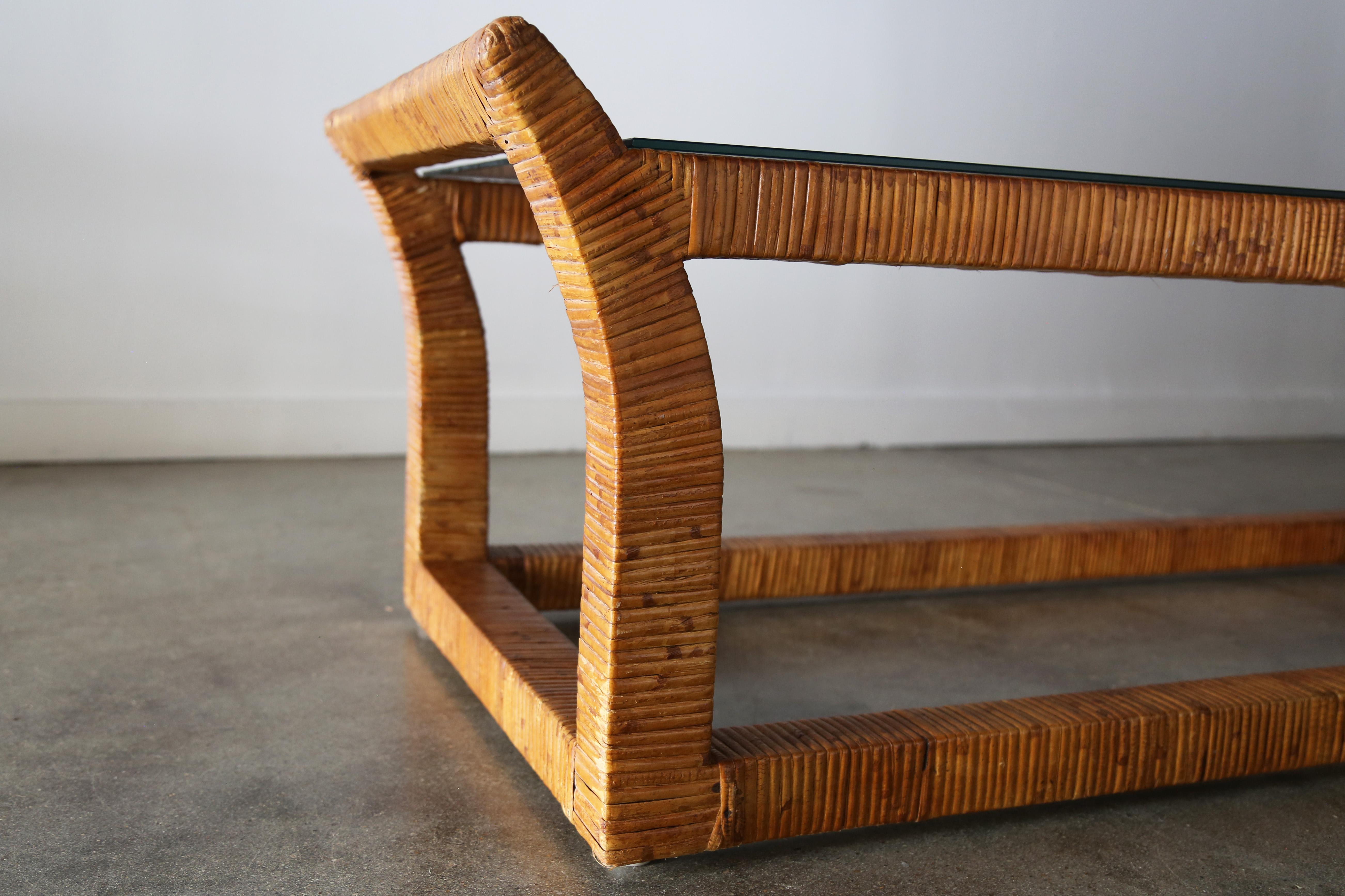 Unknown Rattan Wrapped Glass Coffee after Danny Ho Fong Regency Boho For Sale