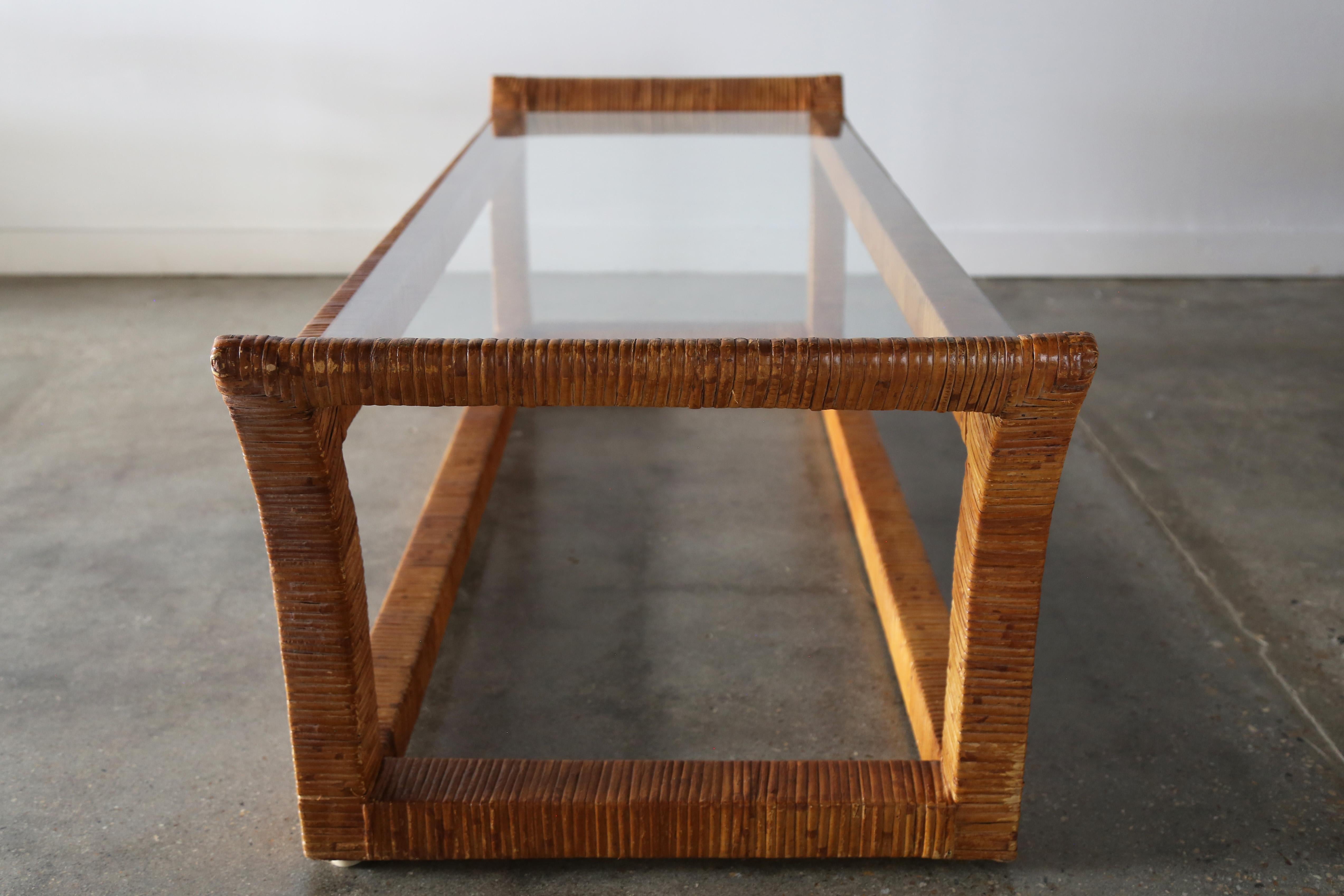 Rattan Wrapped Glass Coffee after Danny Ho Fong Regency Boho In Fair Condition For Sale In Virginia Beach, VA