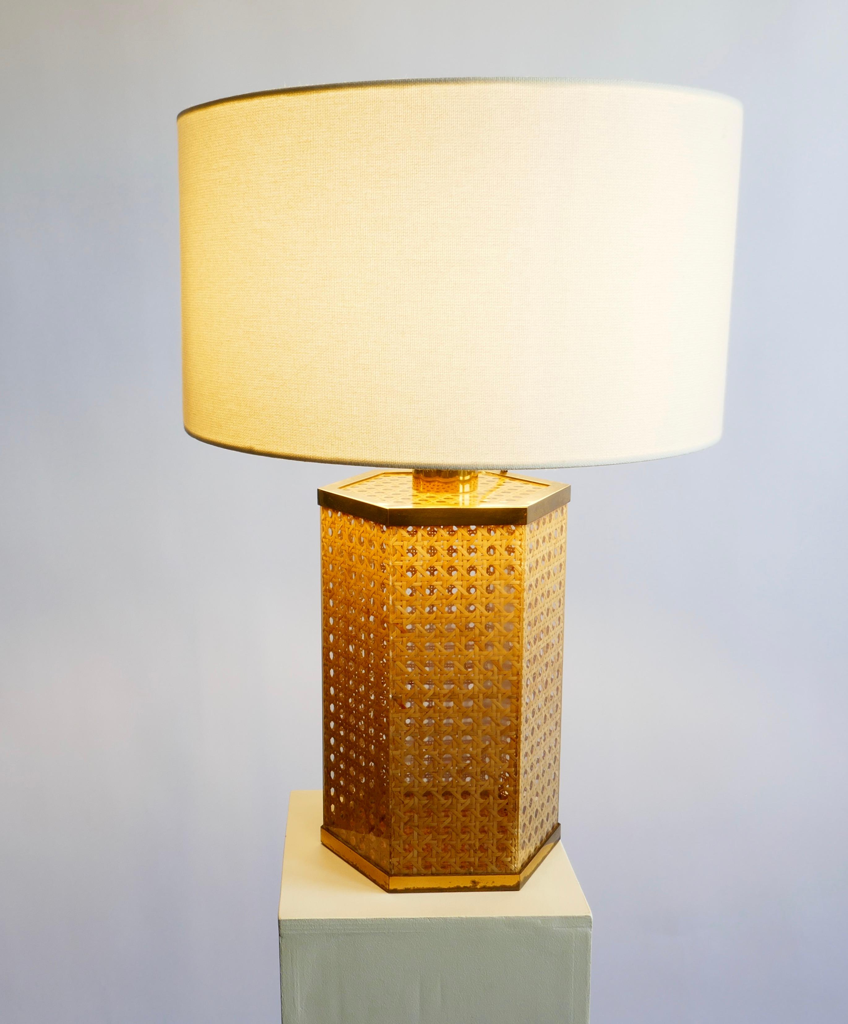 Italian Rattan, Lucite and Brass Table Lamp, Italy, 1970s
