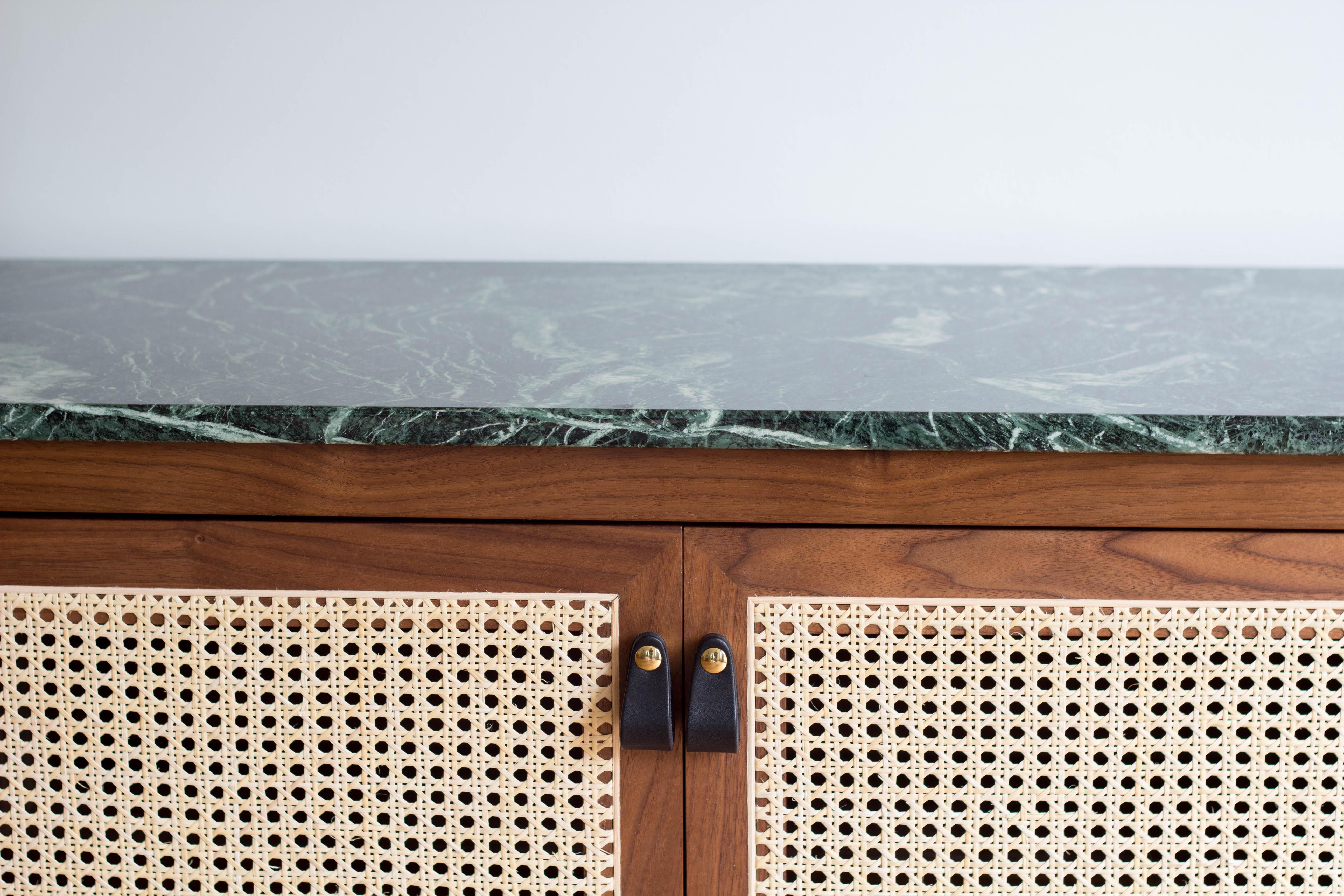 Contemporary Rattan Walnut Green Marble Credenza by SinCa Design In New Condition In Tolland, CT