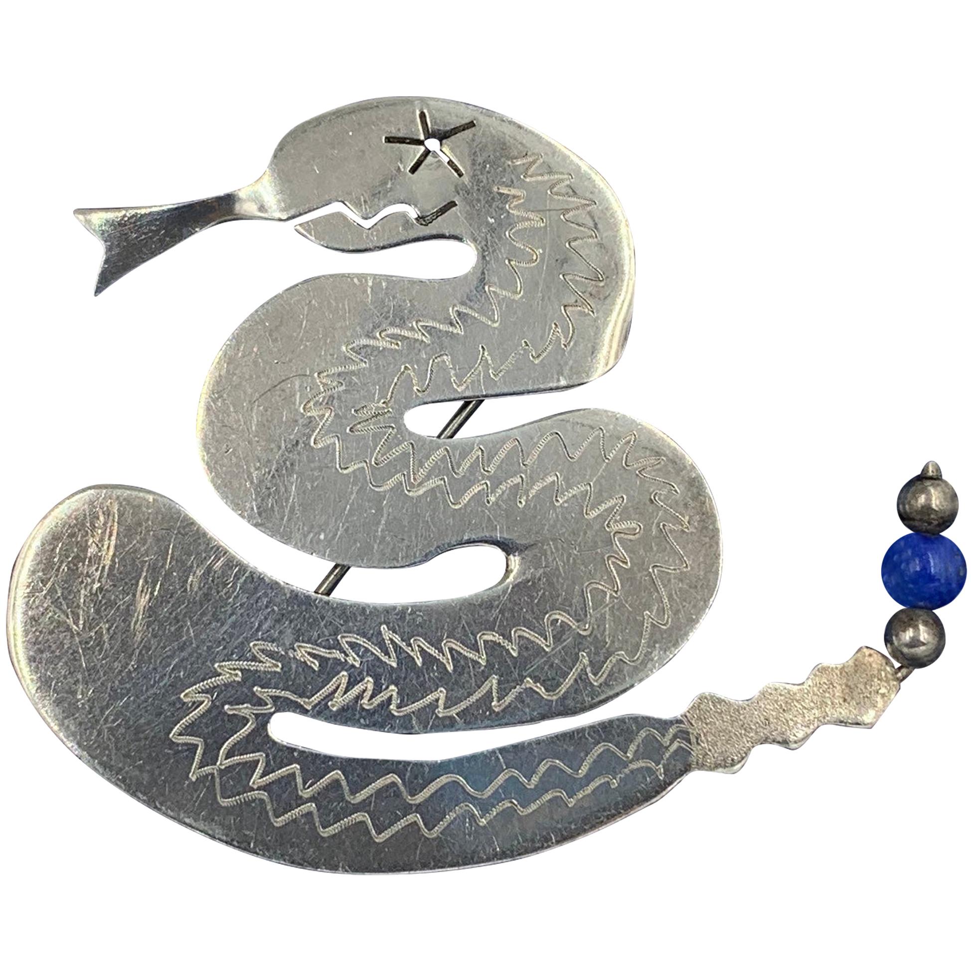 Rattlesnake Snake Brooch Pin Sterling Silver Lapis Lazuli Elaine Pike For Sale