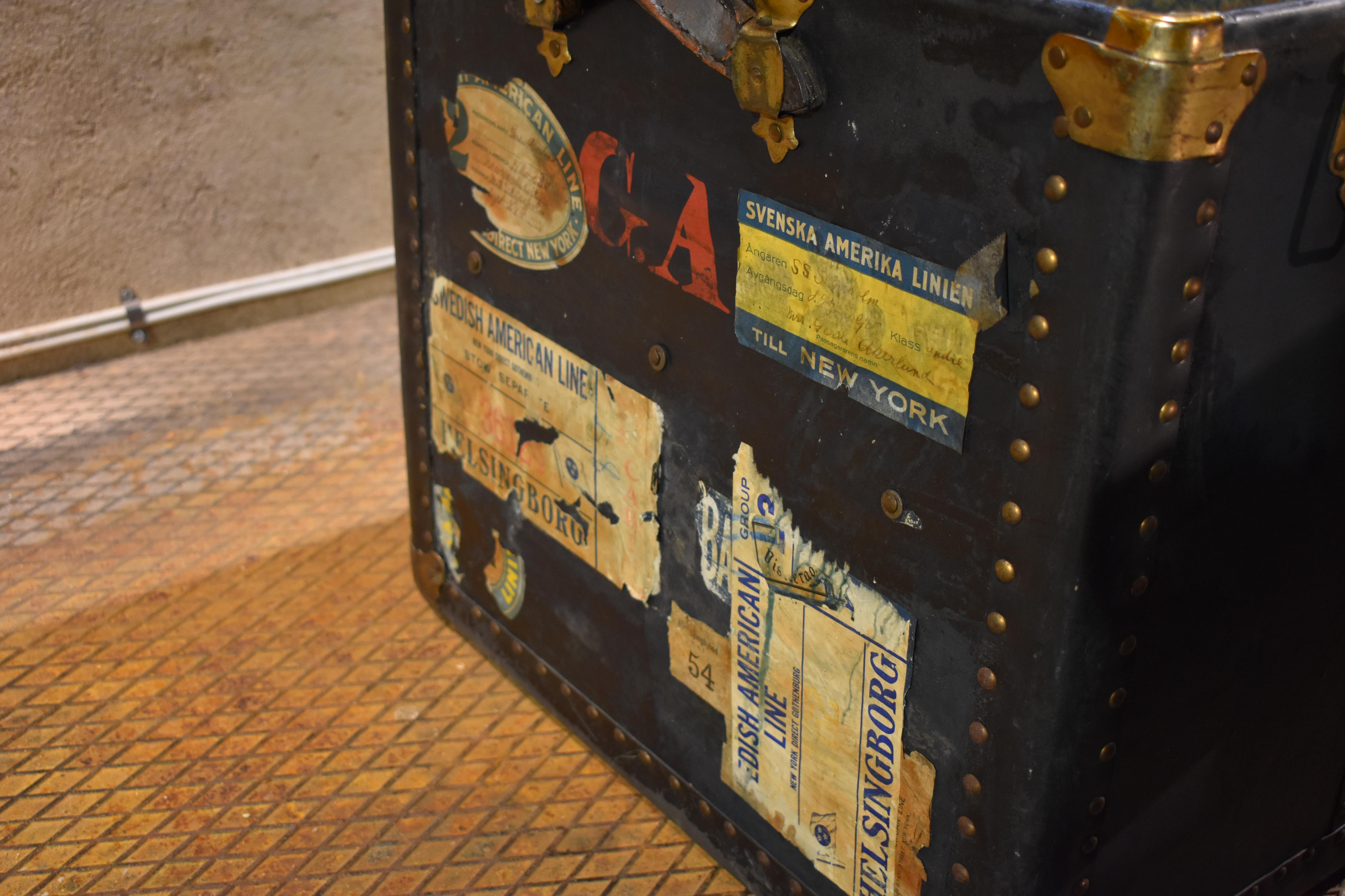 Brass Rauchbach Goldsmith Vintage Travel Trunk Swedish American Line, 1920s