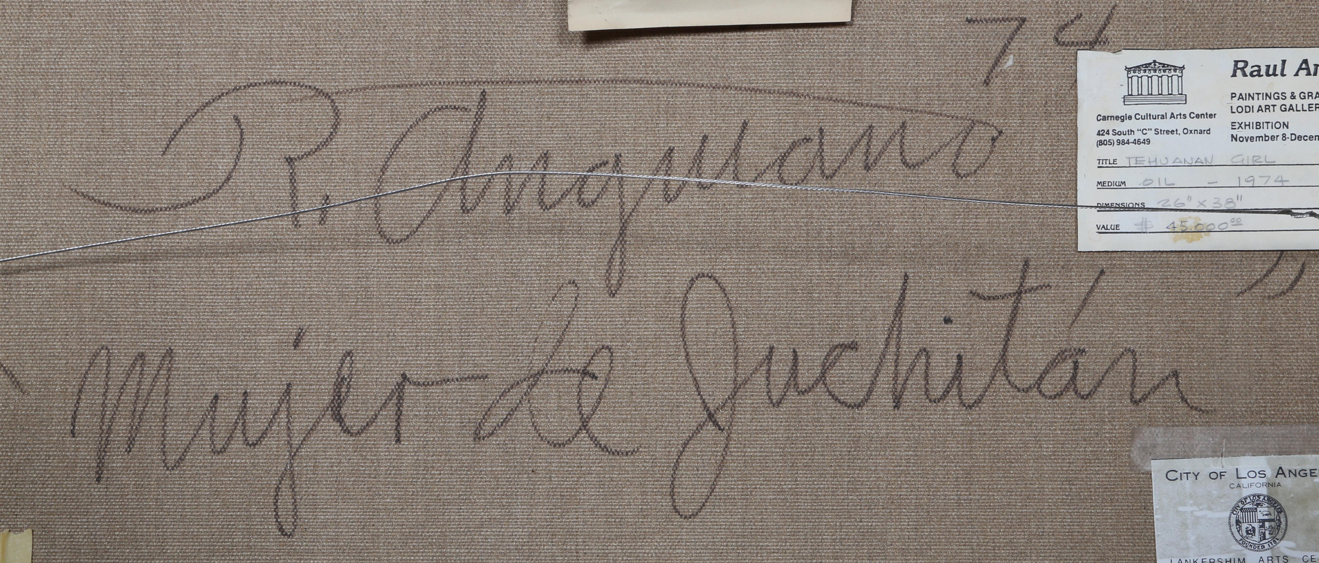 Artistics : Raul Anguiano, Mexicain (1915 - 2006)
Titre Mujer de Juchitan 
Année : 1974
Moyen d'expression : Huile sur toile, signée à gauche, signée, datée et titrée au verso.
Taille : 25.5 x 37.25 in. (64.77 x 94.62 cm)
Taille du cadre : 27 x 39