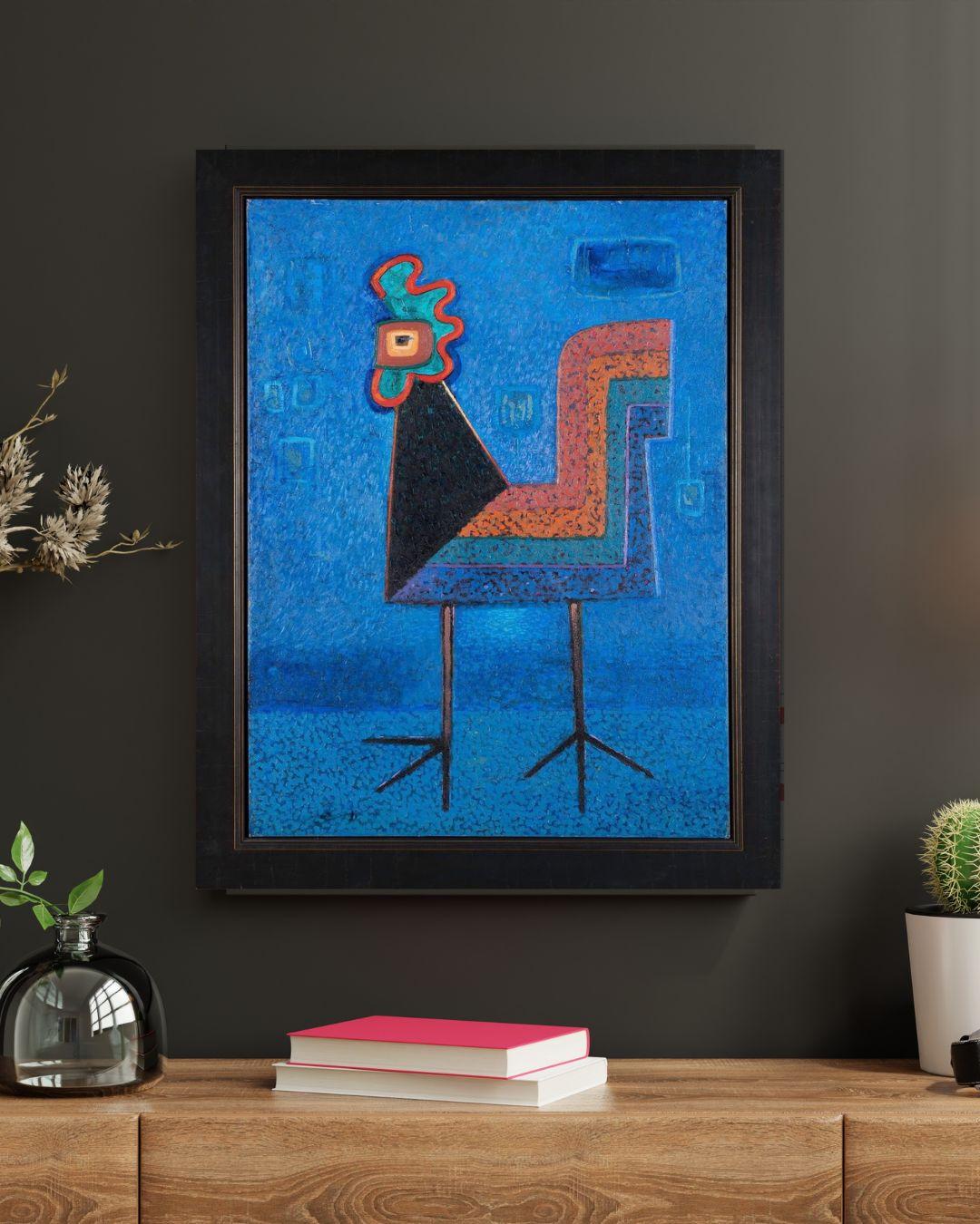 Cresta Roja is a stunning original oil painting by renowned Argentine artist Raúl Conti, celebrated for his expressive use of color and dynamic compositions. This captivating piece showcases a bold red rooster, rendered with striking brushstrokes,