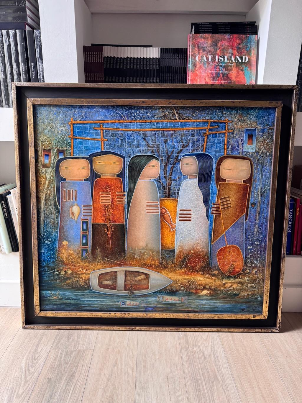 En La Orilla ist ein atemberaubendes Original-Ölgemälde des bekannten argentinischen Künstlers Raúl Conti, der für seinen meisterhaften Einsatz von Farbe, Textur und figurativer Abstraktion bekannt ist. Dieses Werk fängt einen intimen Moment am