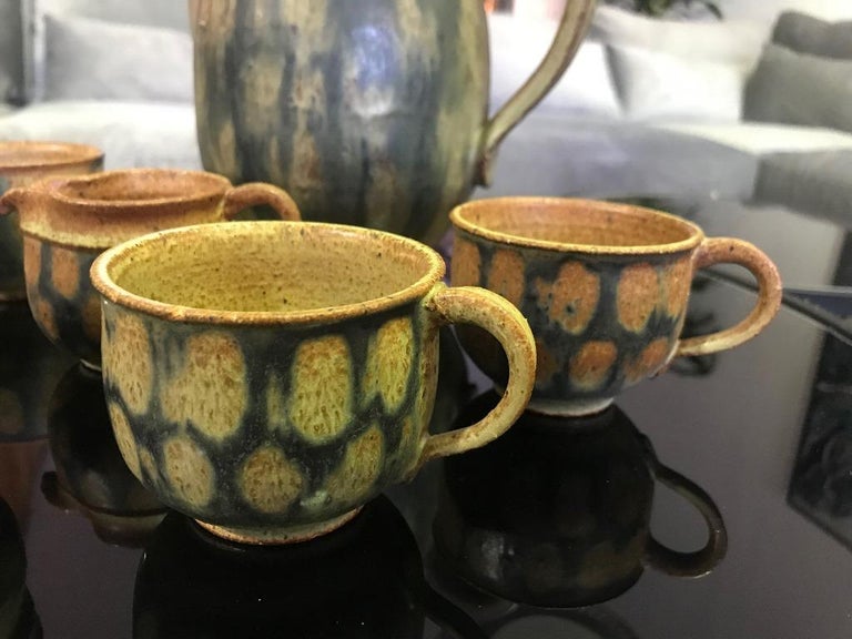 Mid-Century Modern Raul Coronel Midcentury 7-Piece Signed Coffee Tea Ceramic Pottery Set, 1960s