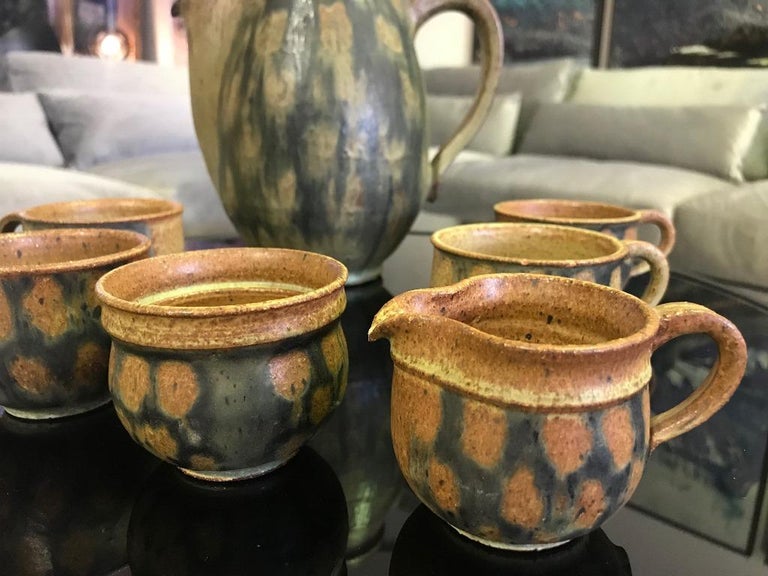 American Raul Coronel Midcentury 7-Piece Signed Coffee Tea Ceramic Pottery Set, 1960s