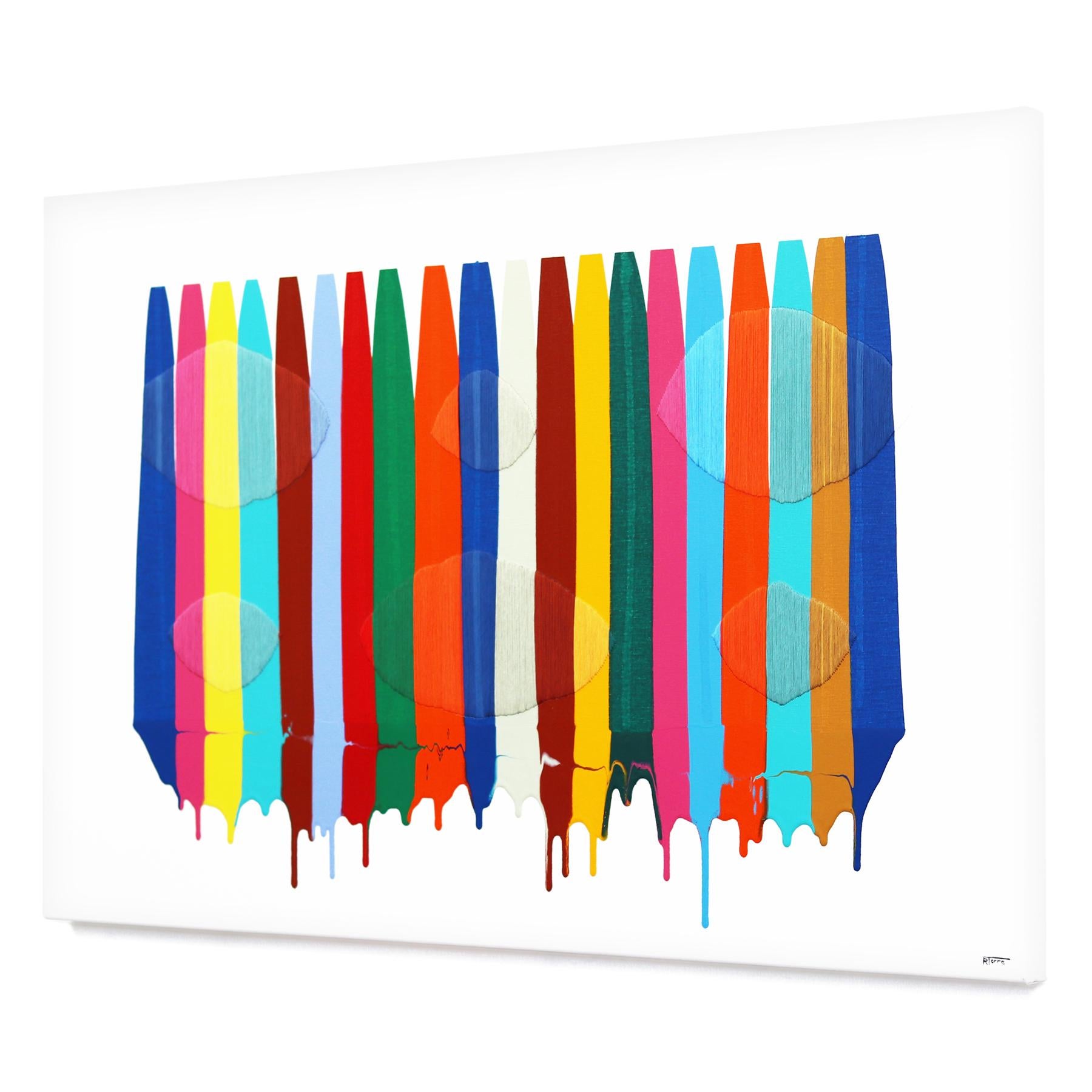 Fils I Colors DCXXVIII - Œuvre abstraite et vibrante en techniques mixtes colorées sur toile - Orange Abstract Painting par Raul de la Torre