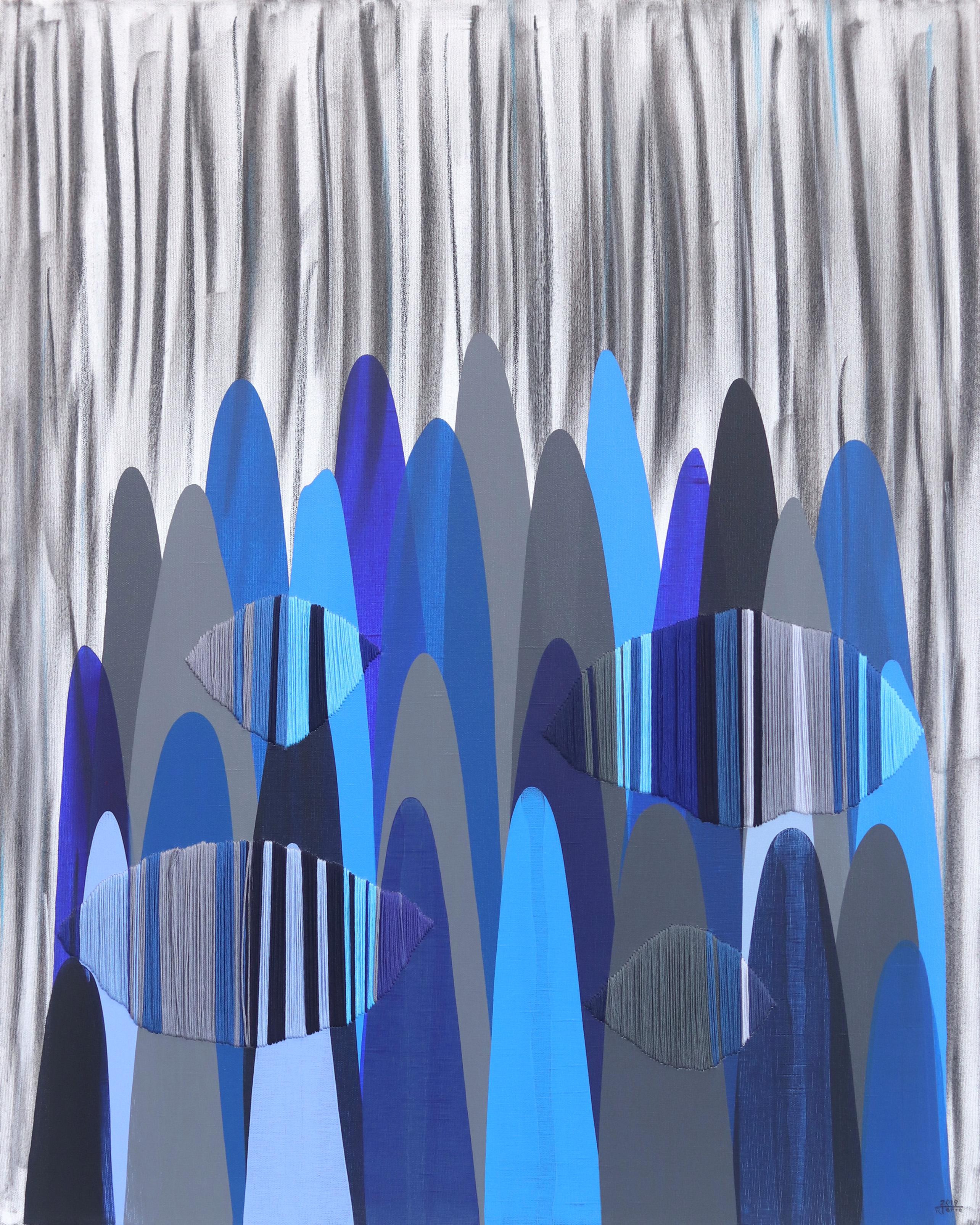 Poèmes LXXXV - Bleu et gris Peinture abstraite contemporaine en techniques mixtes