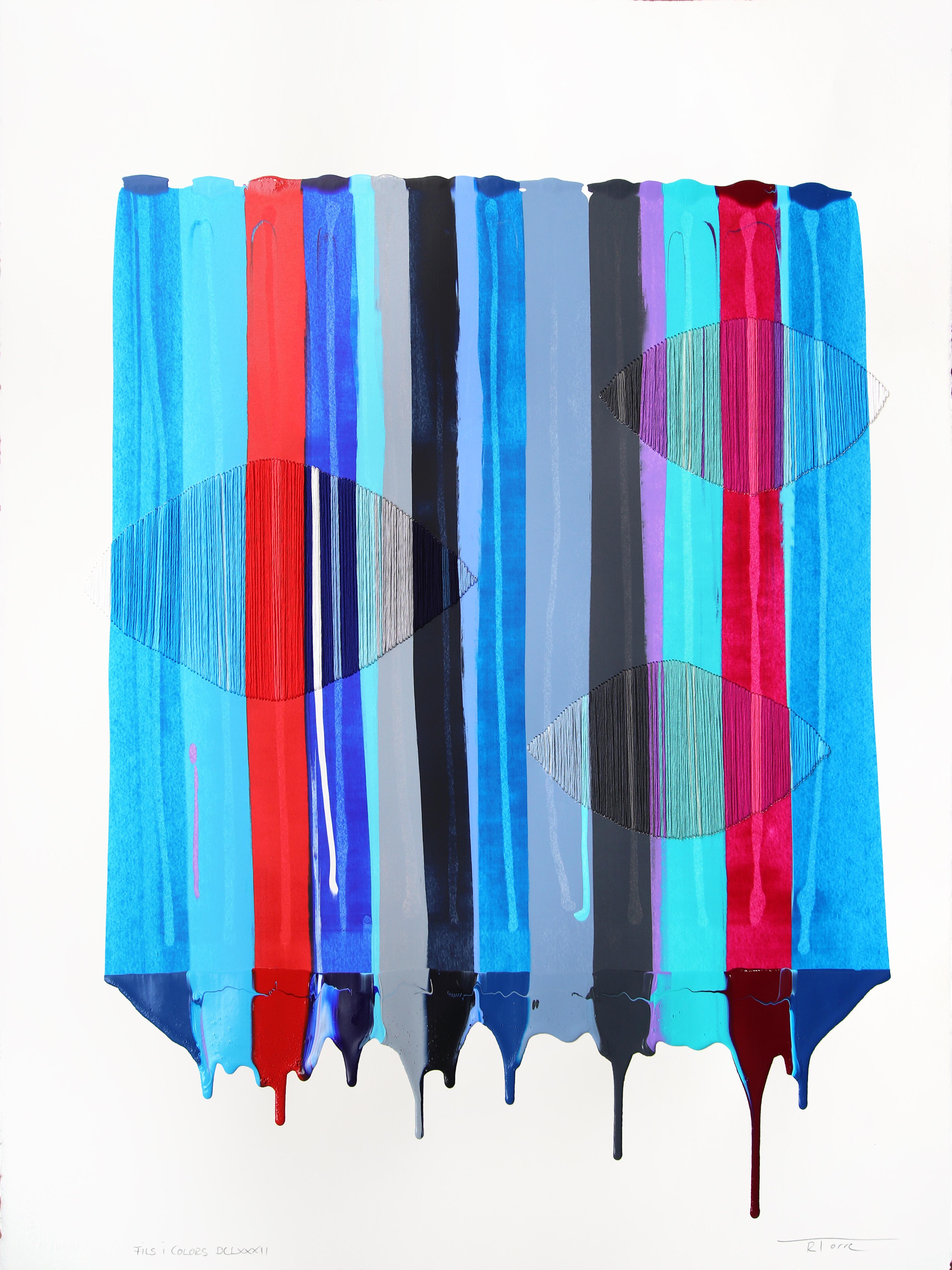 Fils I Colors DCLXXXII - Cool Tone Abstrakte zeitgenössische Textilkunst auf Papier – Mixed Media Art von Raul de la Torre