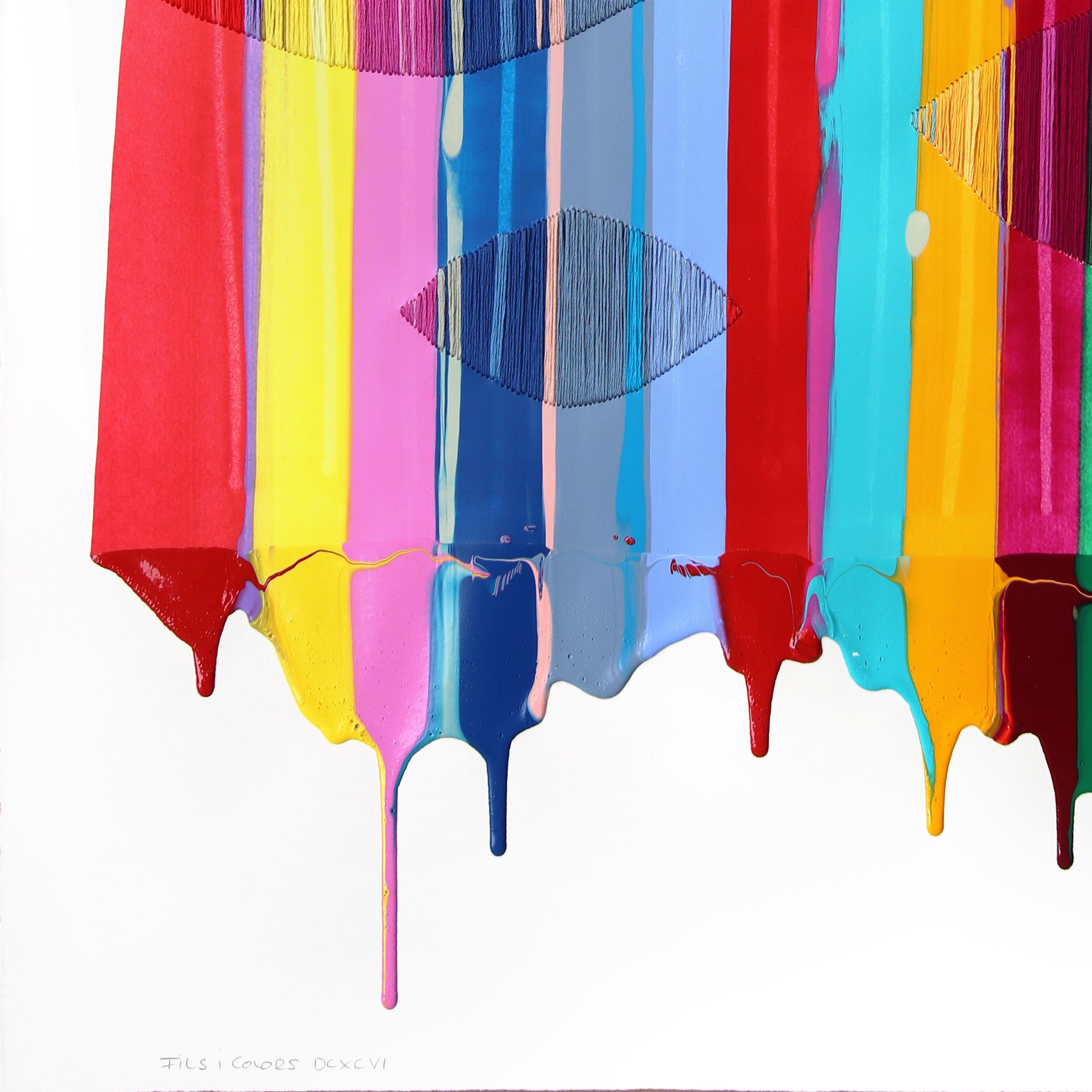 Fils I Colors DCXCVI - Vivido arcobaleno astratto Arte tessile contemporanea su carta - Abstract Painting Beige di Raul de la Torre