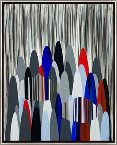 "Poemes LXXXIII" Black, White, Red, and Blue Abstract with Embroidered Details