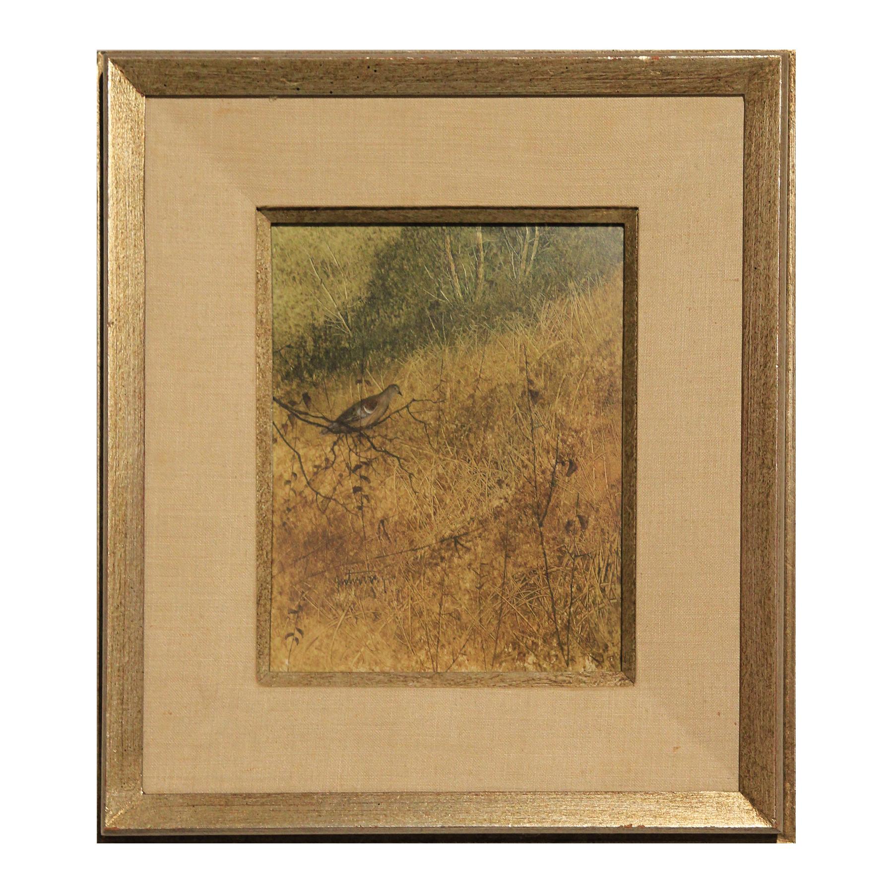 Raul Gutierrez Landscape Painting - Naturalistic Earth Toned Rural Texas Landscape Oil Painting of a Bird